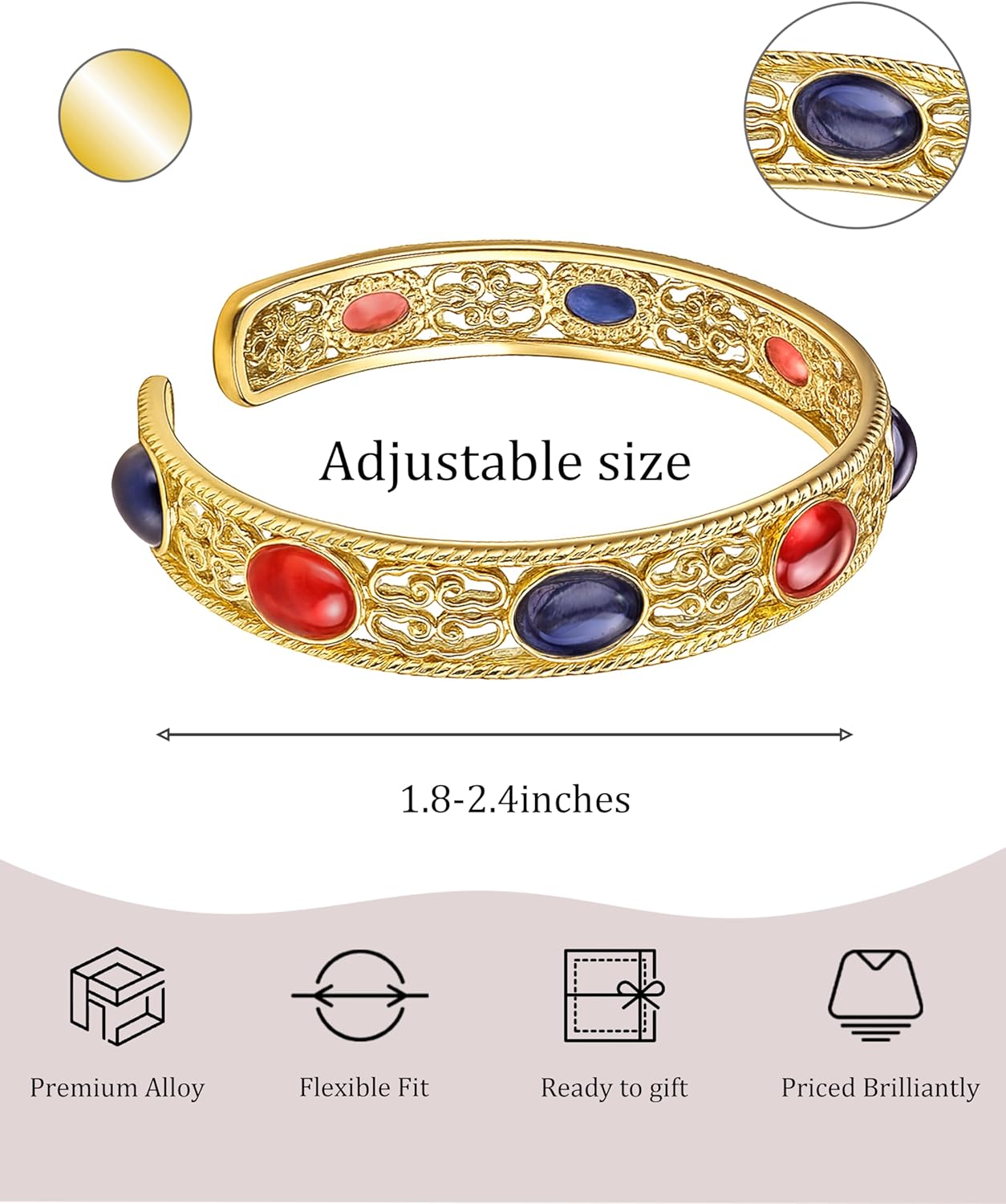Bohemian 18K Plated Gold Bracelet for Women, Open Bangle with Blue and Pink Crystal Accents, Vintage Court Style Jewelry - Image 4