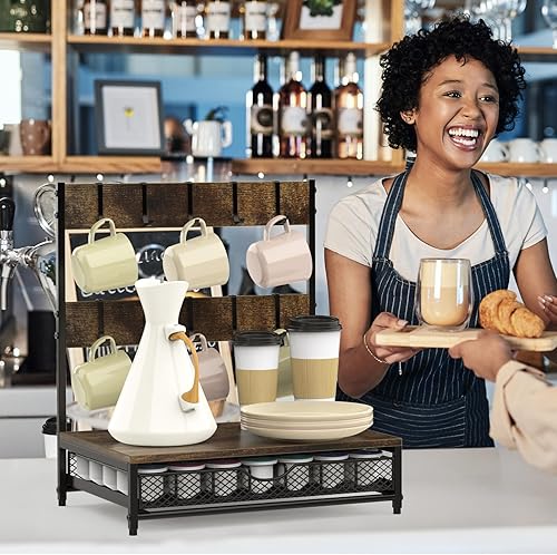 Miniatura 7 de Soporte para cajón de cápsulas de café con ganchos para tazas, organizador de almacenamiento de cápsulas de café de capacidad de 35 con soporte para