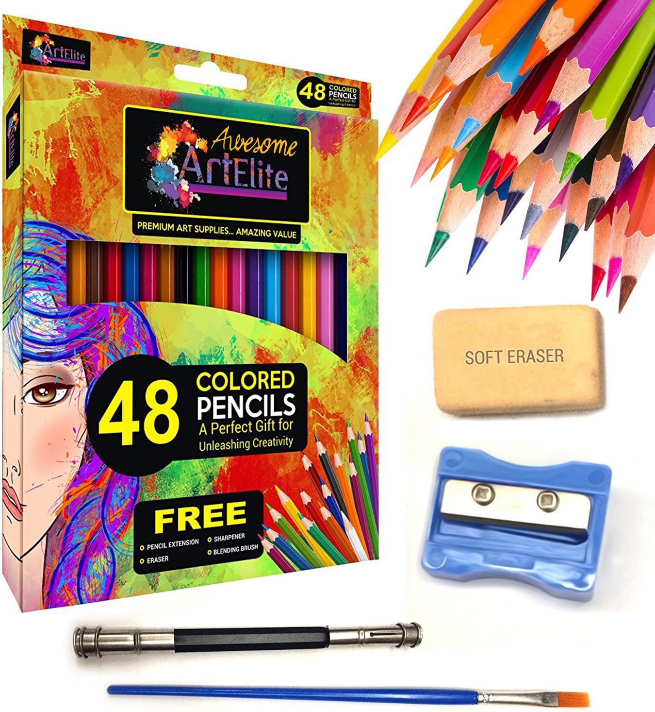 Colored Pencils - 48 Color Pencils Pre-Sharpened Set For Premium Drawing & Coloring + 4 Free Extra Art supplies -Perfect for Kids, Art Students and Professionals (48 Packs)