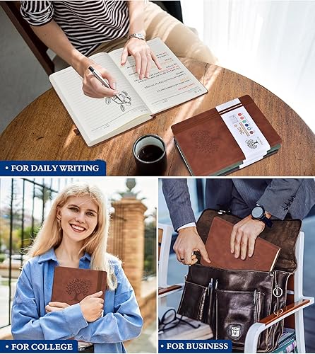 Miniatura 7 de PERCUN Cuaderno de diario rayado A4, diario grande de cuero de 365 páginas para escribir mujeres y hombres, cuaderno de tapa dura con páginas