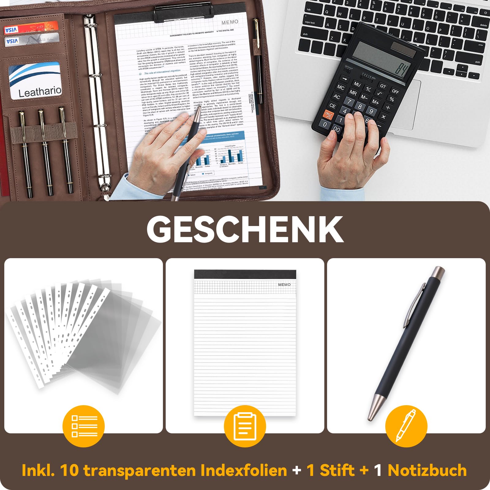 Leathario Schreibmappe A4 mit Reißverschluss, Konferenzmappe 10 Klarsichthüllen, Dokumentenmappe 4 Ringbuch, Ringmappe, Aktenmappe mit Notizblock,Mappe, für Meeting, Business ikl.1 Kugelschreiber