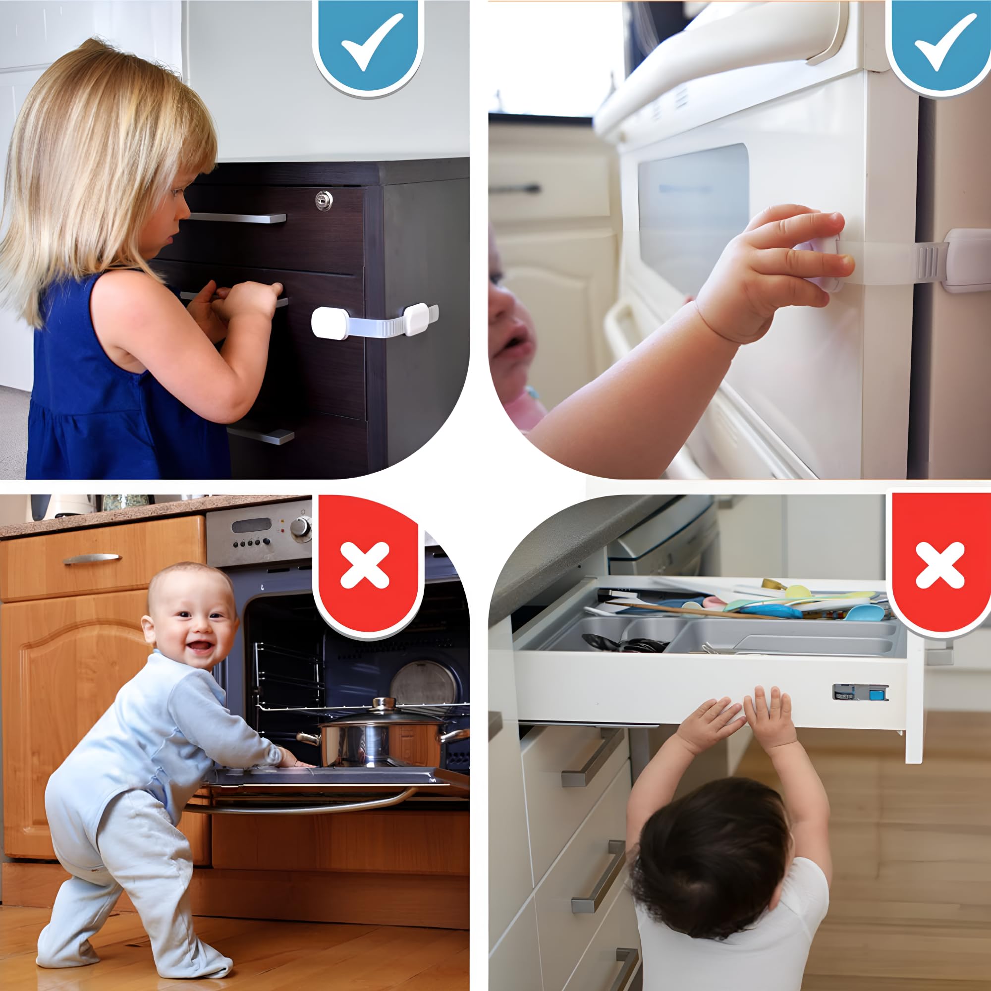 Baby Proof Me - 3M - Cerraduras adhesivas de seguridad para niños, cierres de bebé para armarios, lavavajillas, neveras, hornos y botes de basura, bloqueo de inodoro sin manchas (blanco, 24 cierres de