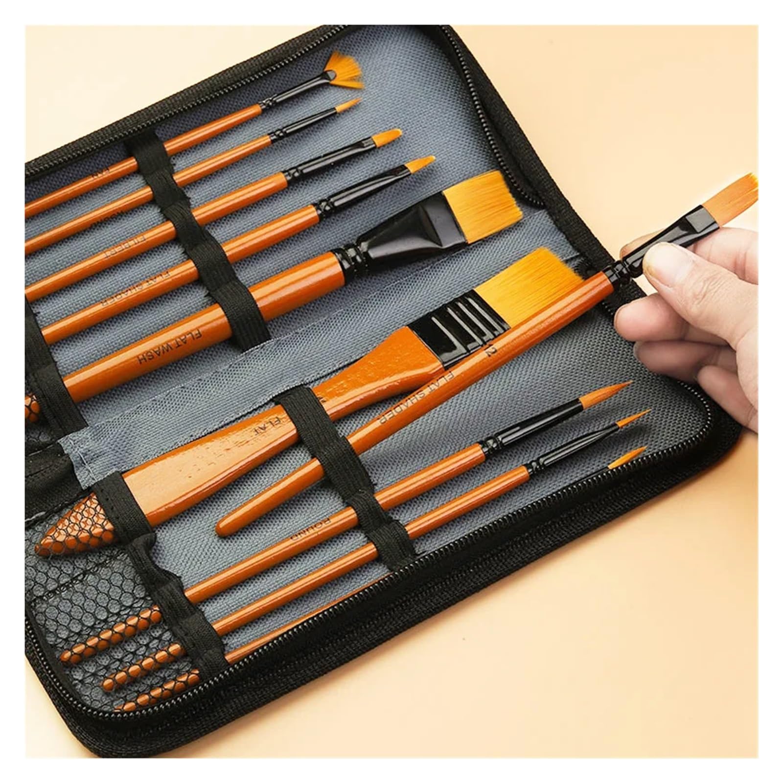 10 unids/Set Pelo de Nailon Mango Madera Acuarela Pincel Pintura Juego Pinceles Aprendizaje DIY al óleo acrílica Suministros(Black)