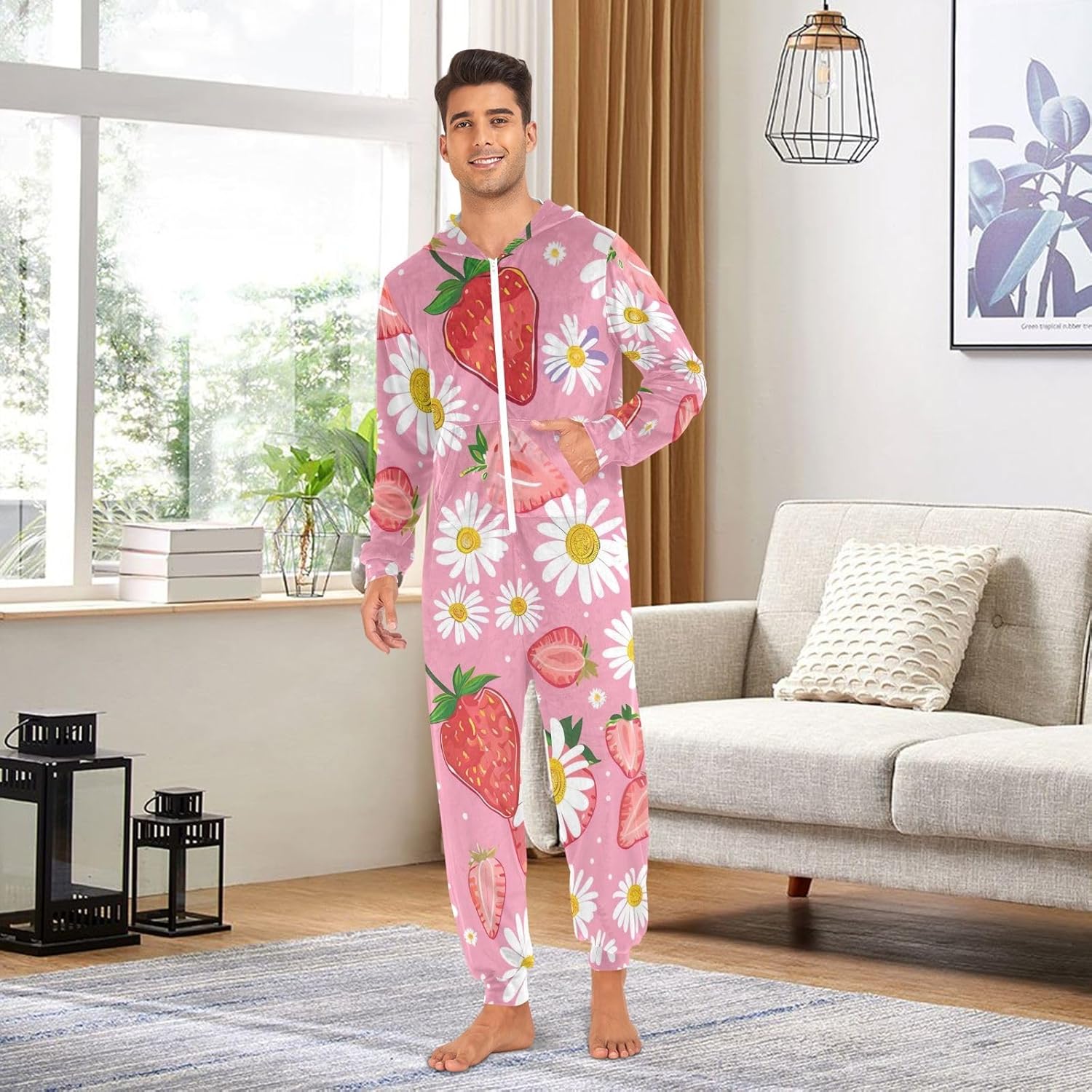 Cute Strawberry Pink Adult Onesie Pajamas, Soft Plush Hooded One Piece Sleepwear for Men Women Christmas Loungewear