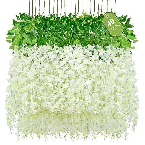 40 Pack White Wisteria Hanging Flowers, Fake Flowers for Decoration