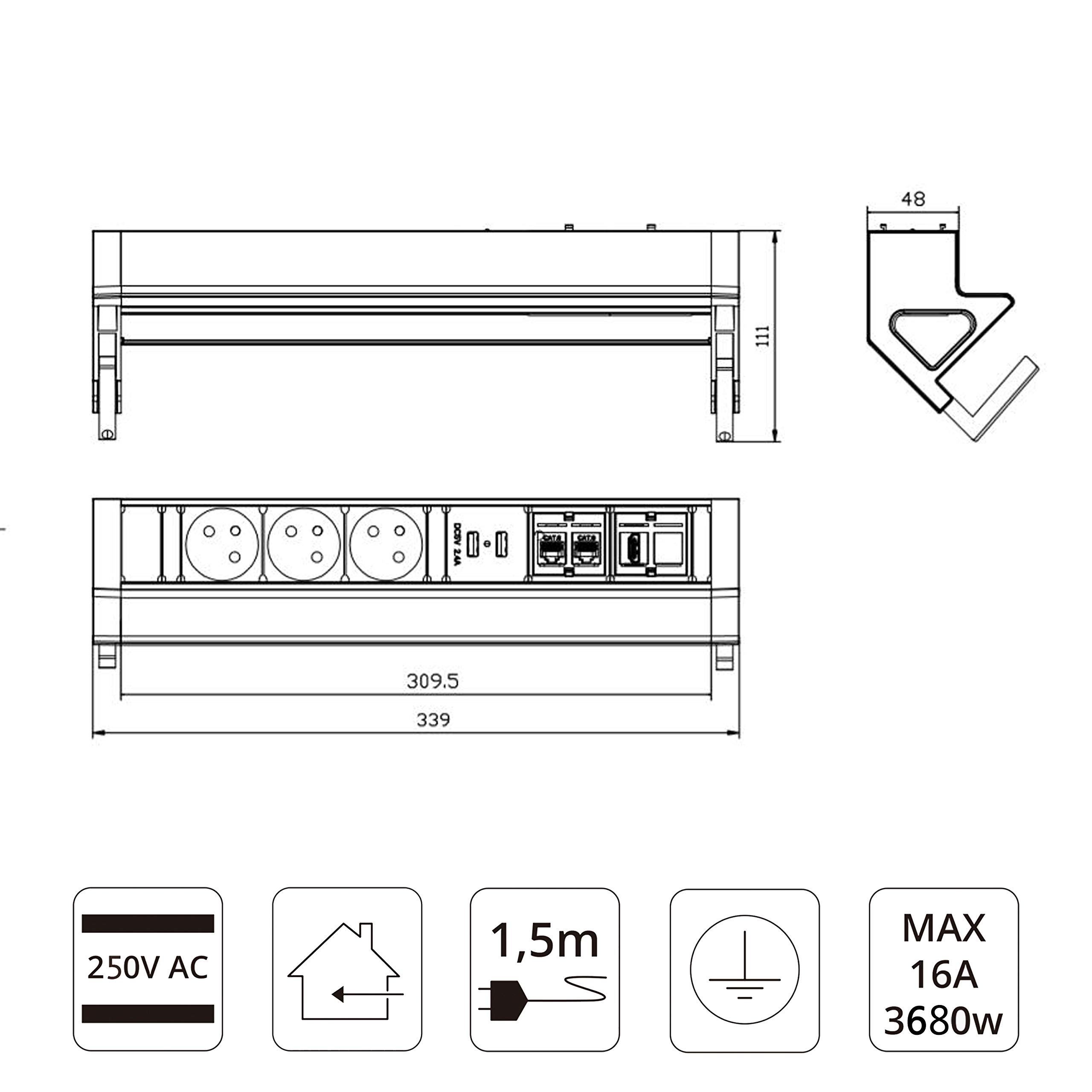 Bloc Prise pour Bureau, multiprise 3 Prises, 2 USB, 2 RJ45, HDMI, Prise Plan de Travail, Protection en métal Contre Les surtensions, 1,5 m câble pour Bureau, Atelier, Cuisine EL4103URH-FR