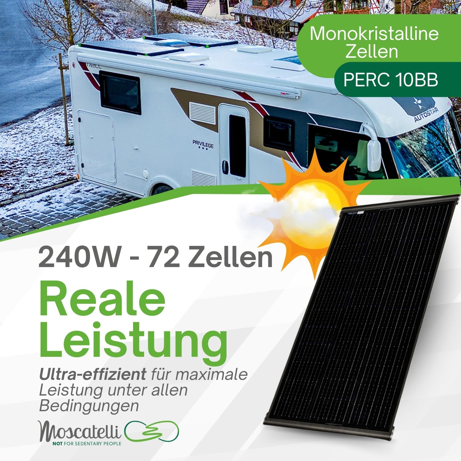 MOSCATELLI Camping Solaranlage Black Boost Komplettset 240W Monokristallin Solar Panel für Wohnmobil – PV Modul Solar Ladegerät 12V mit Halterung – Solarpanel Camping OHNE Laderegler