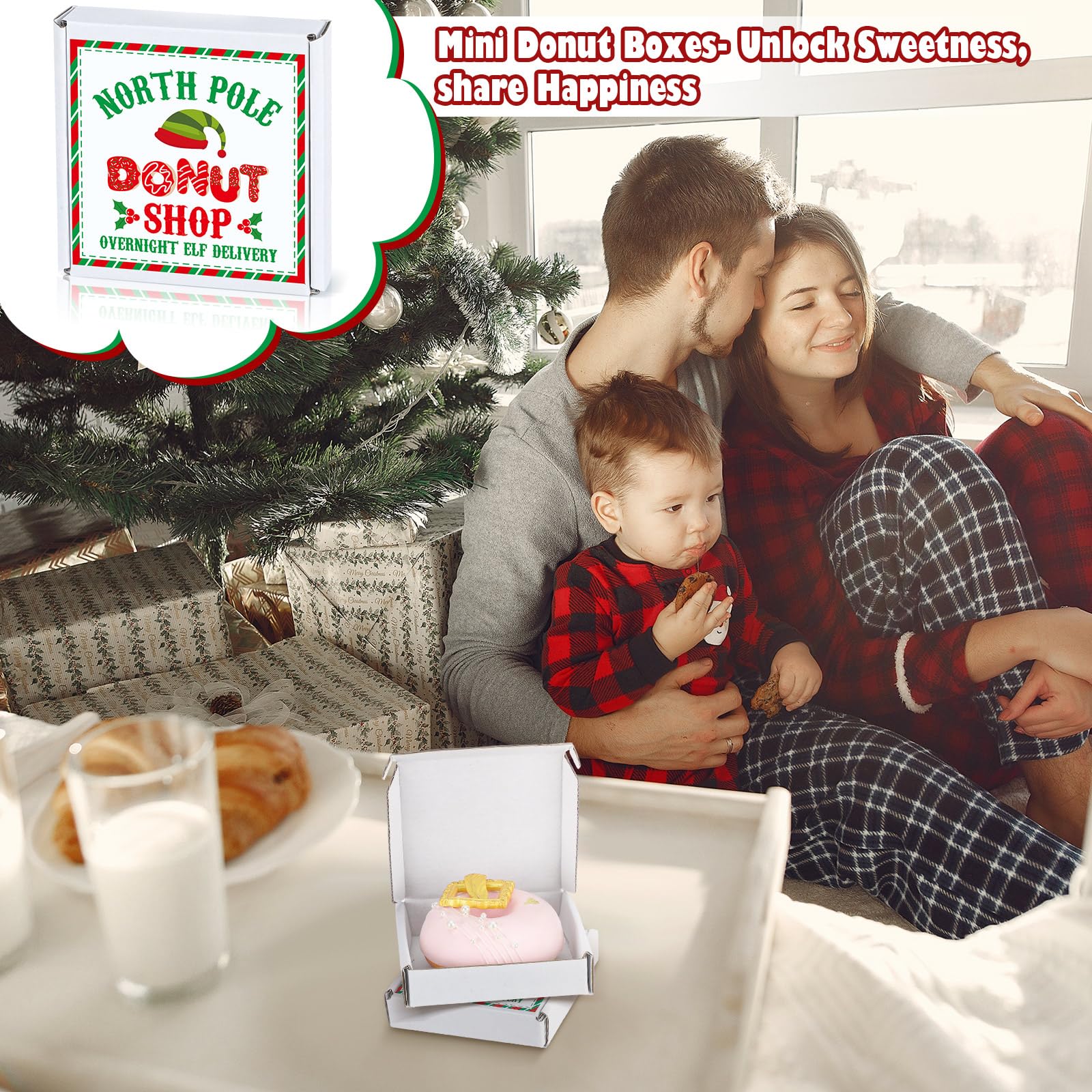 Tioncy Mini-Donut-Boxen für Weihnachten, 8,9 x 8,9 x 1,9 cm, Pizza-Boxen, Weihnachts-Spardose, flache Pappschachtel mit Weihnachtsaufkleber, für Feiern, Weihnachten, Geburtstag, Valentinstag,
