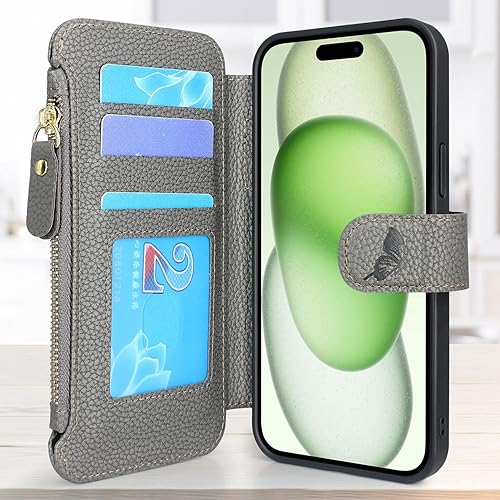 Miniatura 3 de Lacass Compatible con MagSafe Case Wallet para iPhone 15 PlusiPhone 14 Plus de 6.7 pulgadas, 3 tarjeteros con cremallera de piel, cierre magnético,