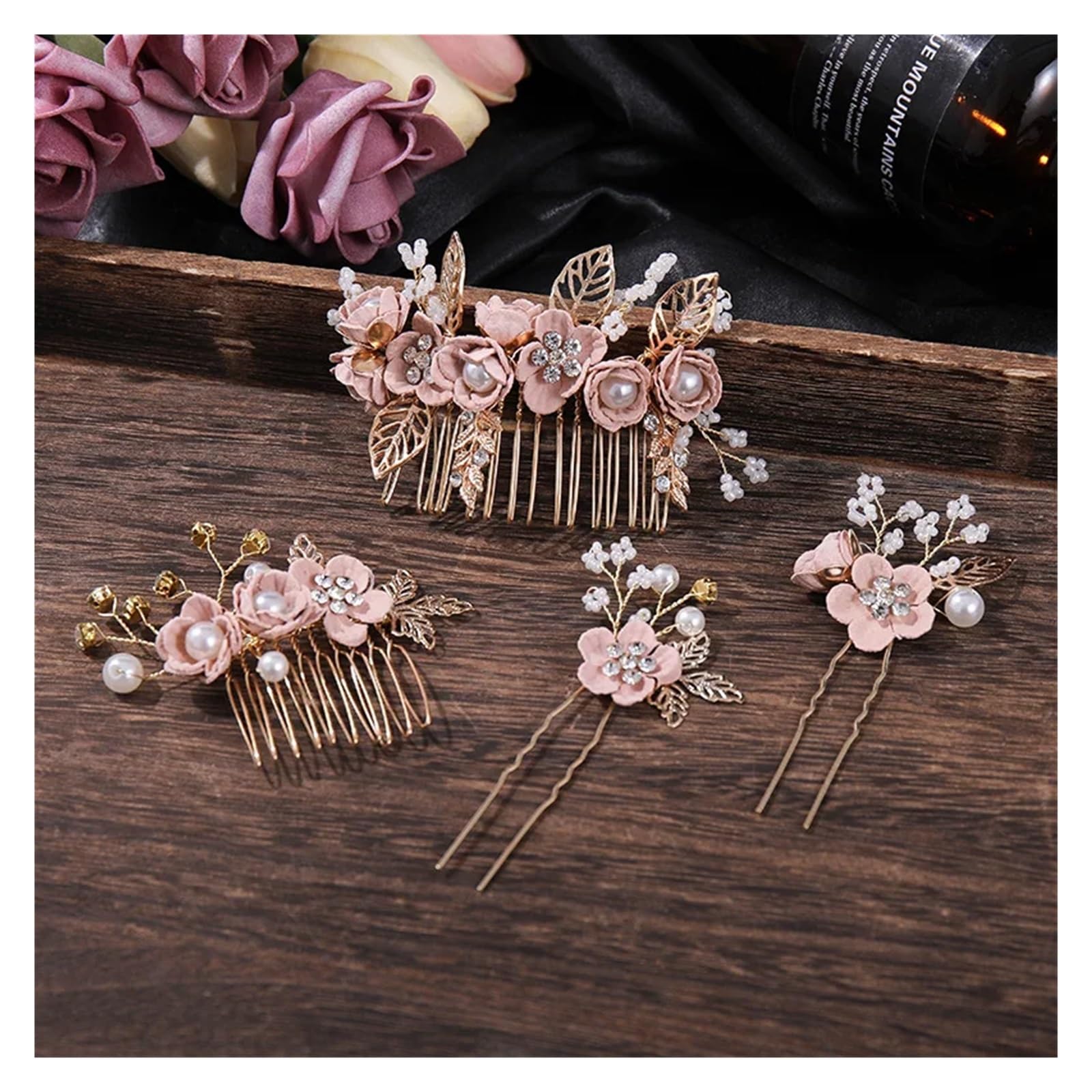 Forcina Cinese Set di 4 pettini for capelli con fiori cristallo e forcine for, perle strass, set gioielli da sposa, accessori for nozze(Pink)