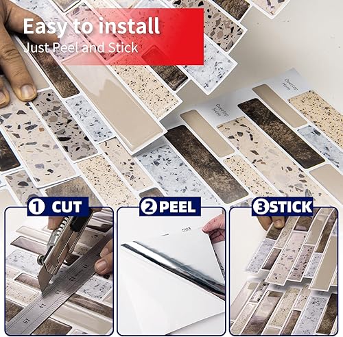 Miniatura 4 de Art3dwallpanels 10 hojas de calcomanías para azulejos en muro de despegar y pegar, para salpicaduras en muro para cocina, diseño de piedra de 12 x