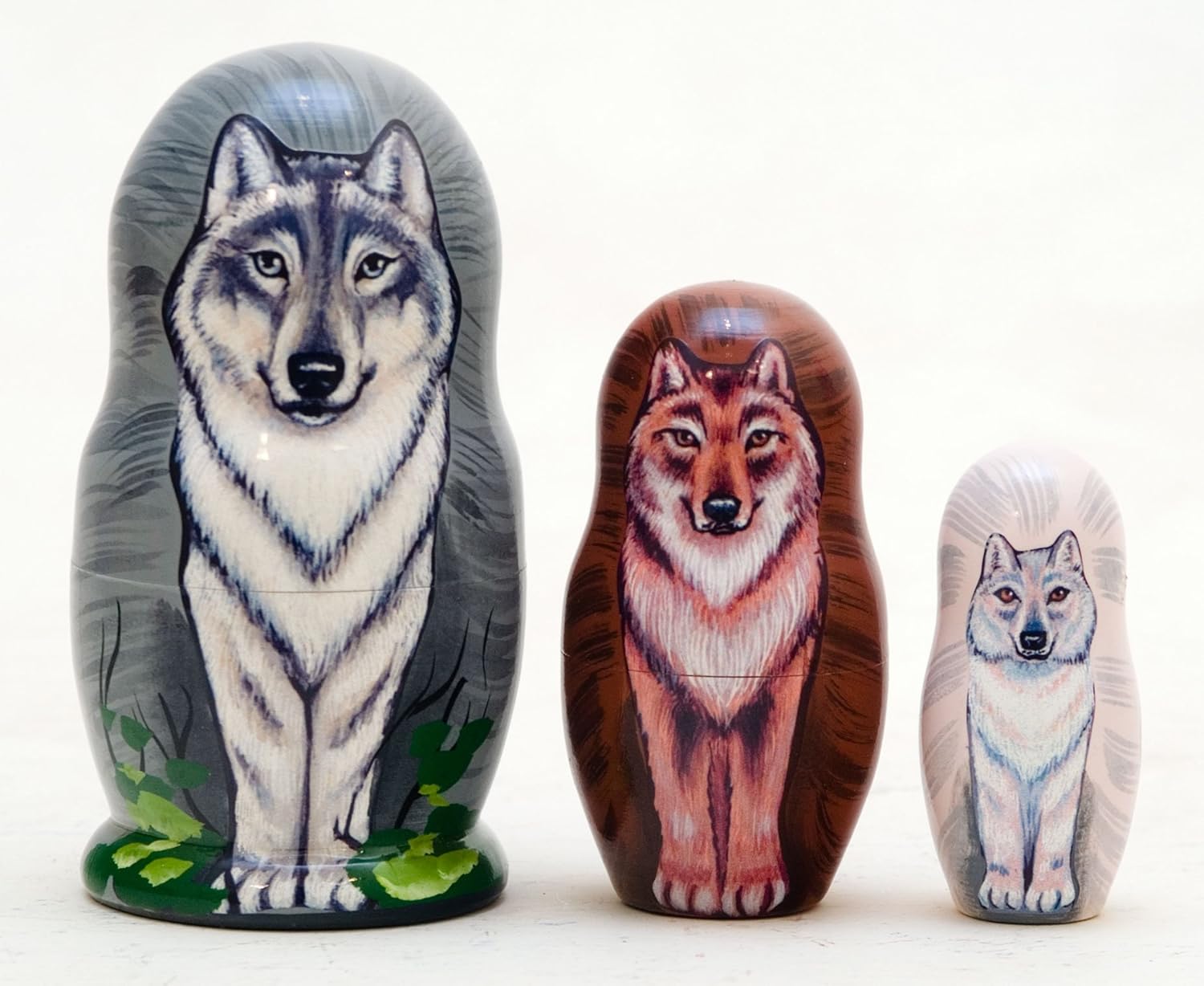 Golden Cockerel Wolf Pack Nesting Doll 3pc./3" Grey Wolf Matryoshka Timber Wolf Babushka Russian Doll Wood Stacking Doll