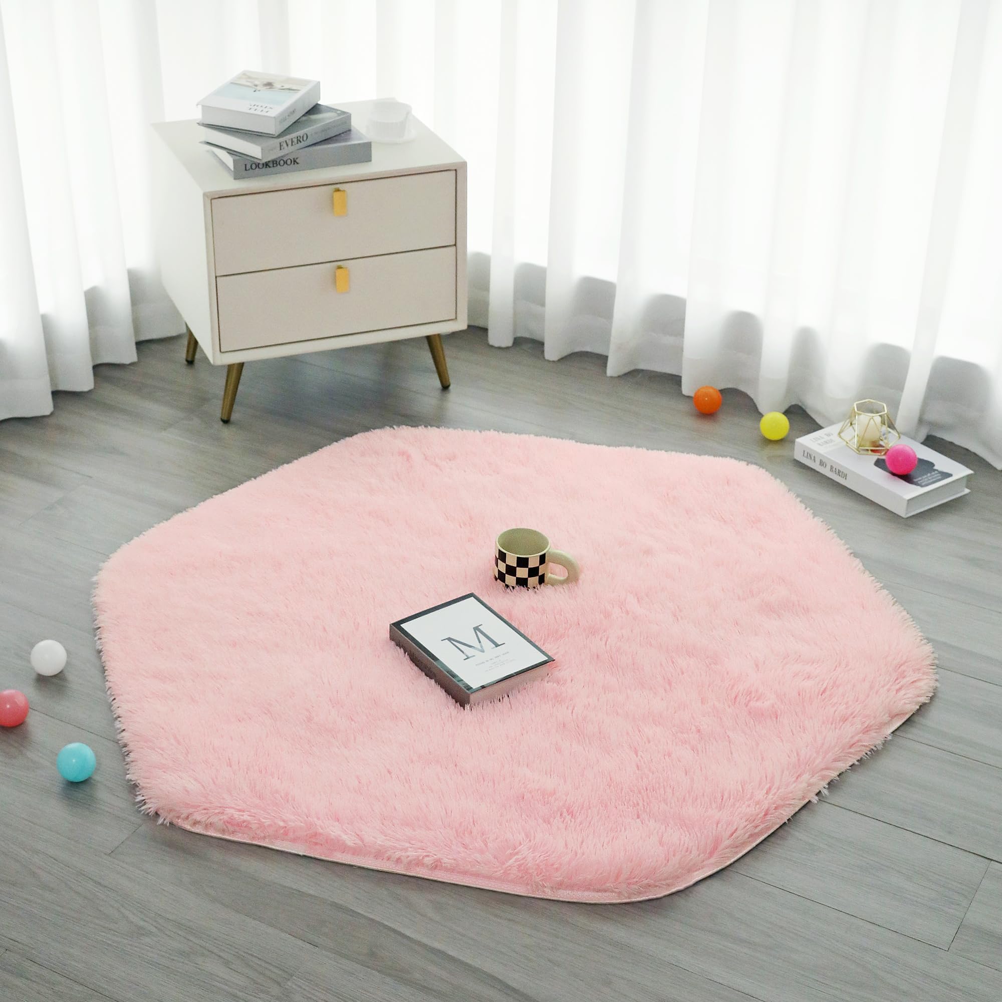 LimitlessFunN 4.6x4 Feet Plush Baby Nursery Rug, Kids Fuzzy Play Mat for Hexagon Princess Tent, Fluffy Carpet Rugs for Girls Room, Pink