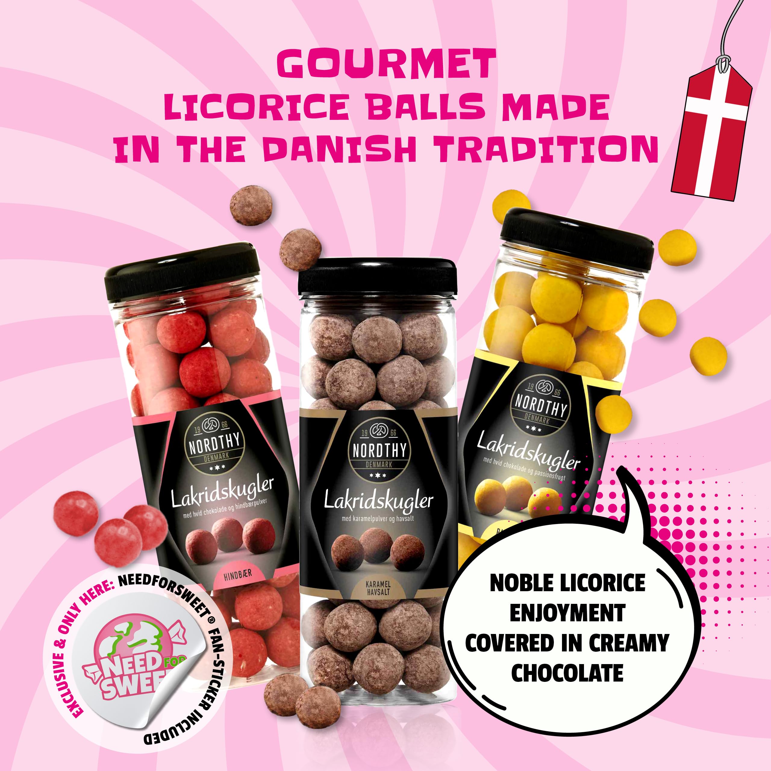 Nordthy Mix Kulek Lukrecjowych 3 x 300g Malina/Marakuja/Słony Karmel – Oryginalny Duński Zestaw Prezentowy z Lukrecją – Kulki lukrecjowe otoczone wykwintną czekoladą – Gourmet słodycze z lukrecją