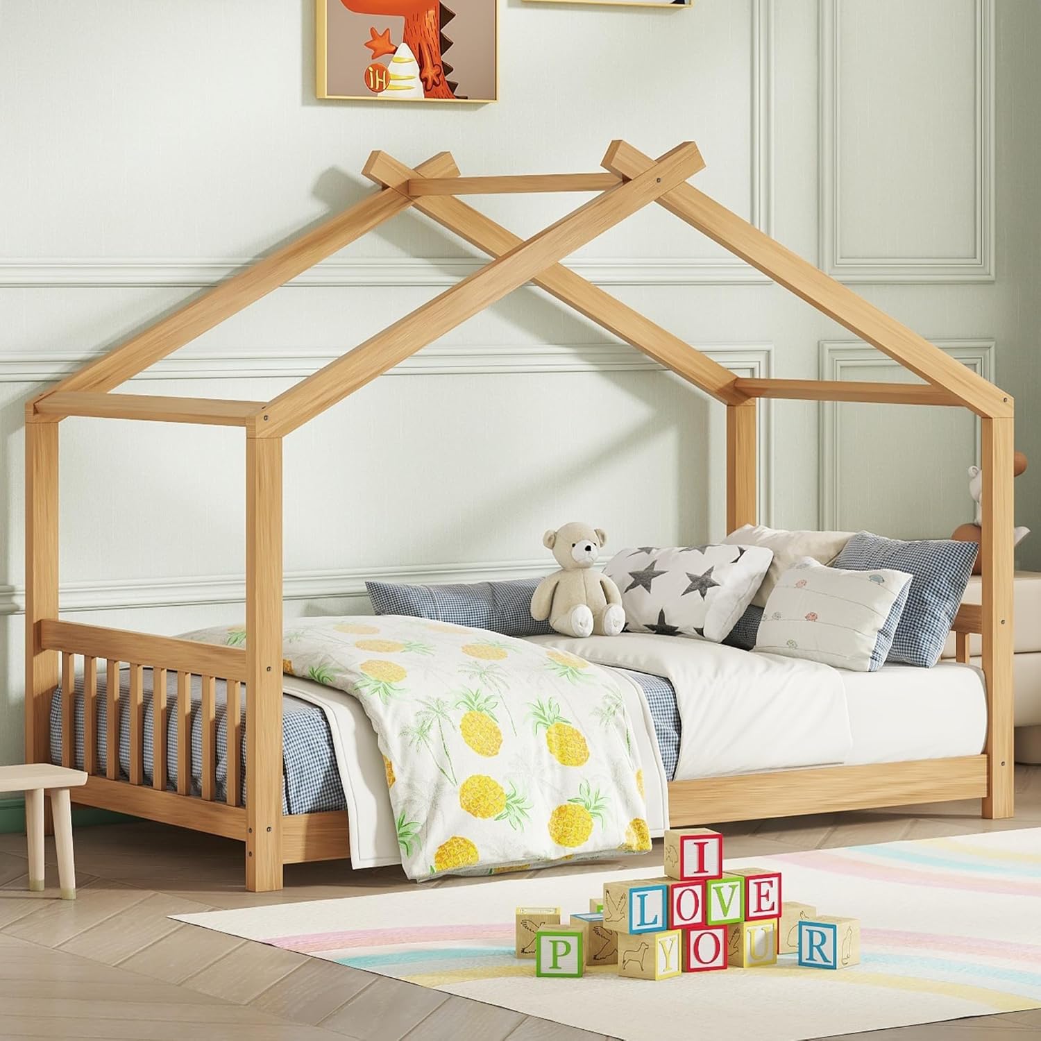 Bellemave Montessori Floor Bed Twin Size, Twin Floor Bed Frame with Headboard, Footboard, Wood Montessori Bed with Slats/House Floor Bed for Kids, Girls, Boys(Natural Twin)