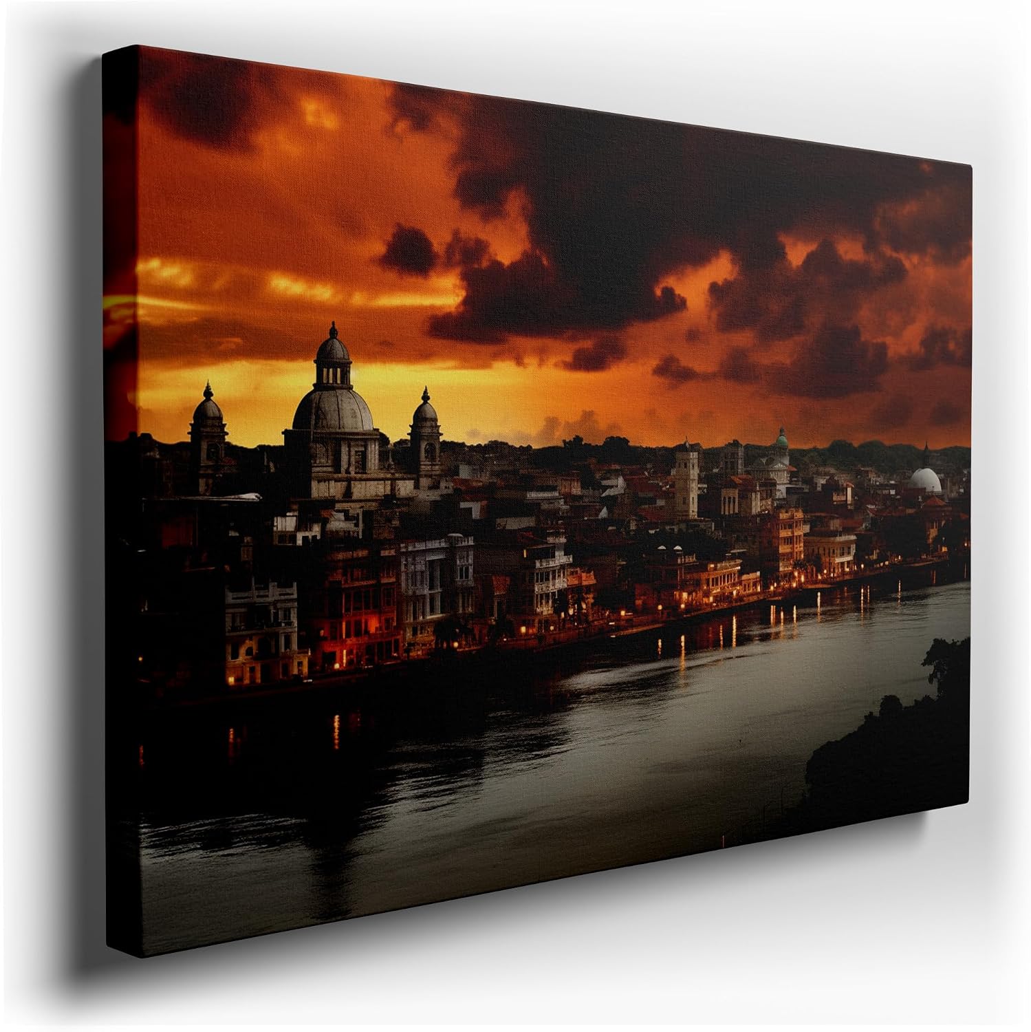 Canvas for Living room. Dusk Over The River: Urban Glow Amidst Twilight Shadows, 27 x 18 inch Canvas Wall Art - Ready to Hang