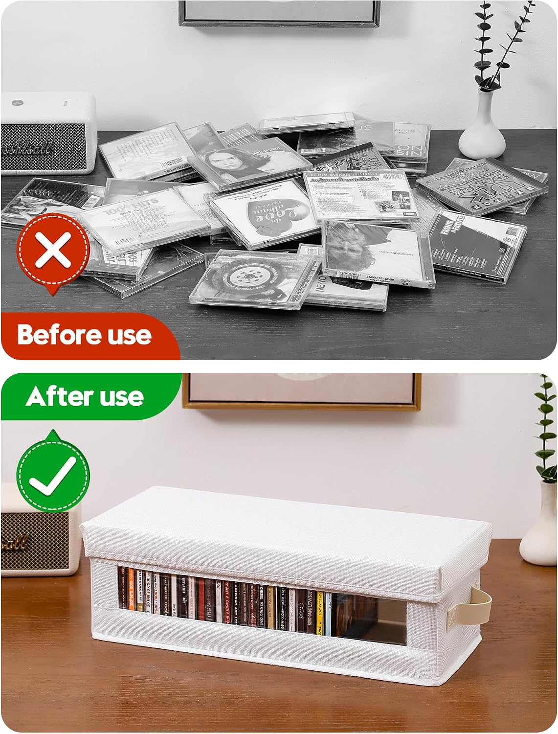 4 Packs CD Storage Box with Visible Window, Stackable CD Case Holder with Dustproof Lid and Handles, Holds Up to 148 CDs in Full Jewel Cases-15.75 x 6.10 x 5.31 Inches-White image 3