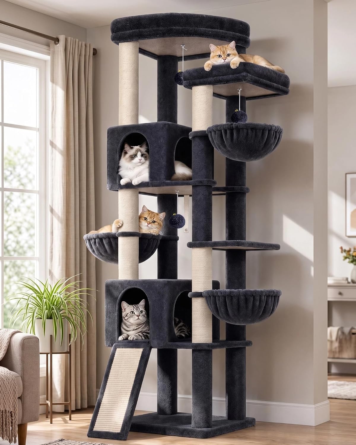Globlazer 77in Tall Cat Tree Tower for Multi Large Cats, F77, Dark Grey