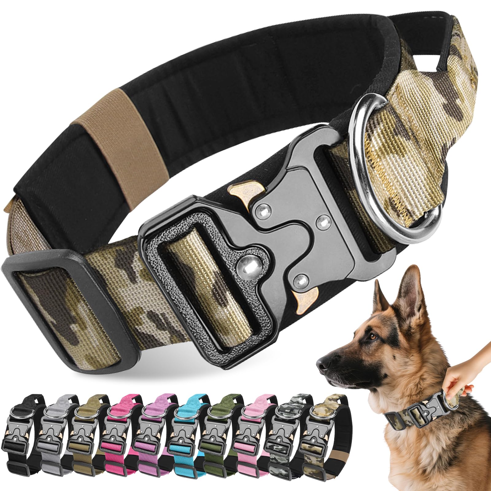 Tactical Dog Collar, Soft Padded Nylon Breathable Pet Collar with Handle and Heavy Duty Metal Buckle, Military Adjustable Training Collar for Small Medium Large Dogs (Khaki Camouflage, M)