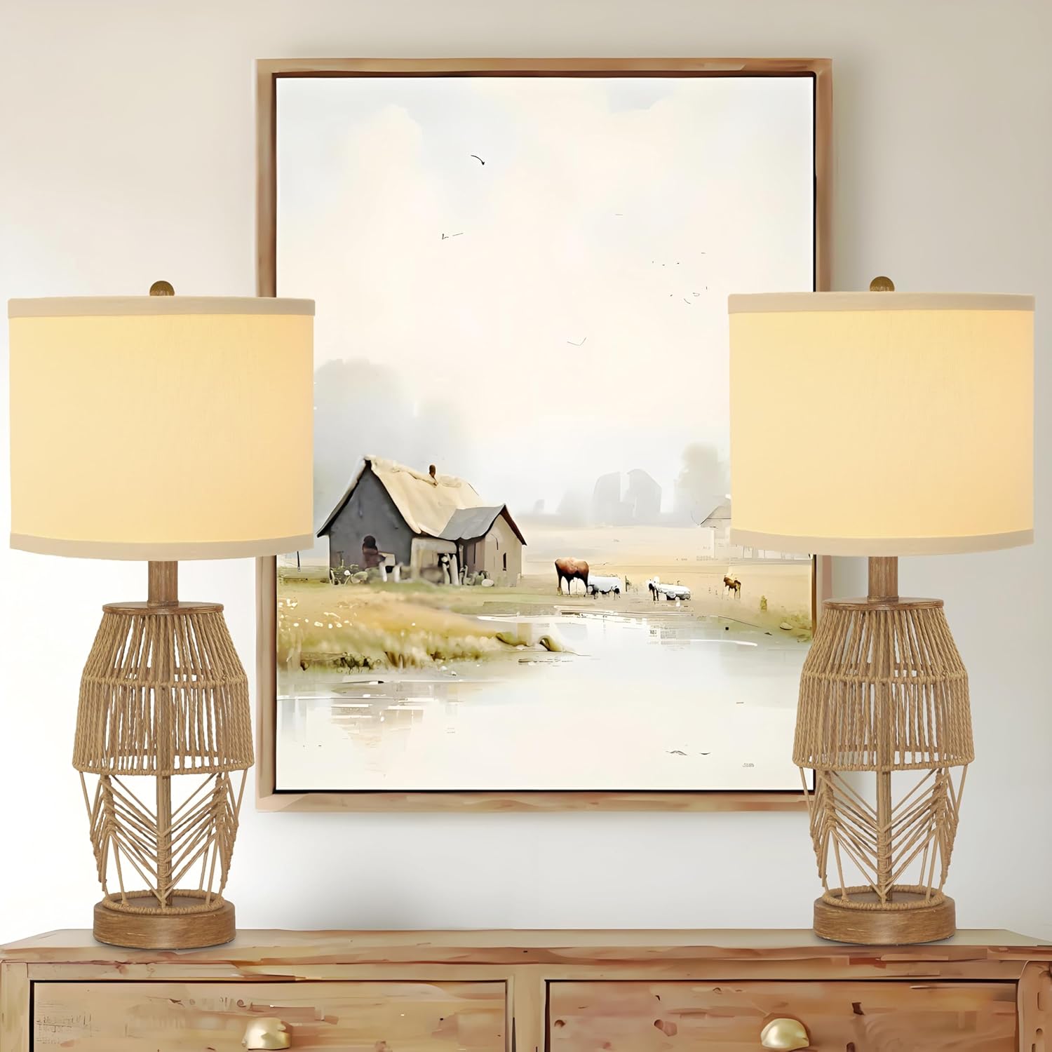 21 Boho Lamps Set of 2 for Bedroom Farmhouse Table Lamps for Living Room Rattan Wicker Rustic Bedside Lamps for Nightstand Vintage Desk Lamp for Home Office End Table Brown (2 Pack)