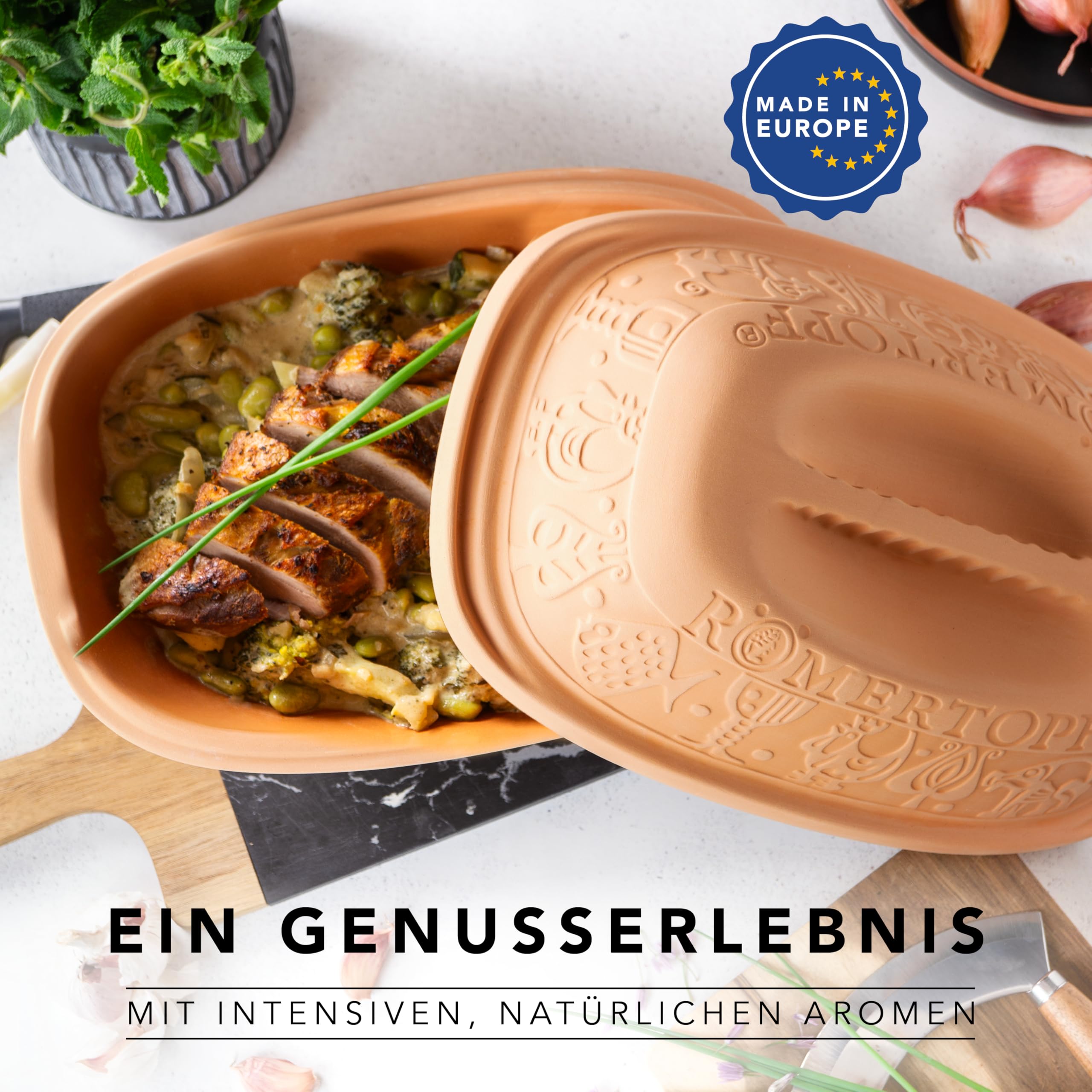 Römertopf Bräter Klassiker aus Naturton, Dampfgarer 3 Liter für bis zu 4 Personen, Keramik-Schmortopf für Backofen & Mikrowelle, Unterteil glasiert, fettarmes Garen, spülmaschinengeeignet