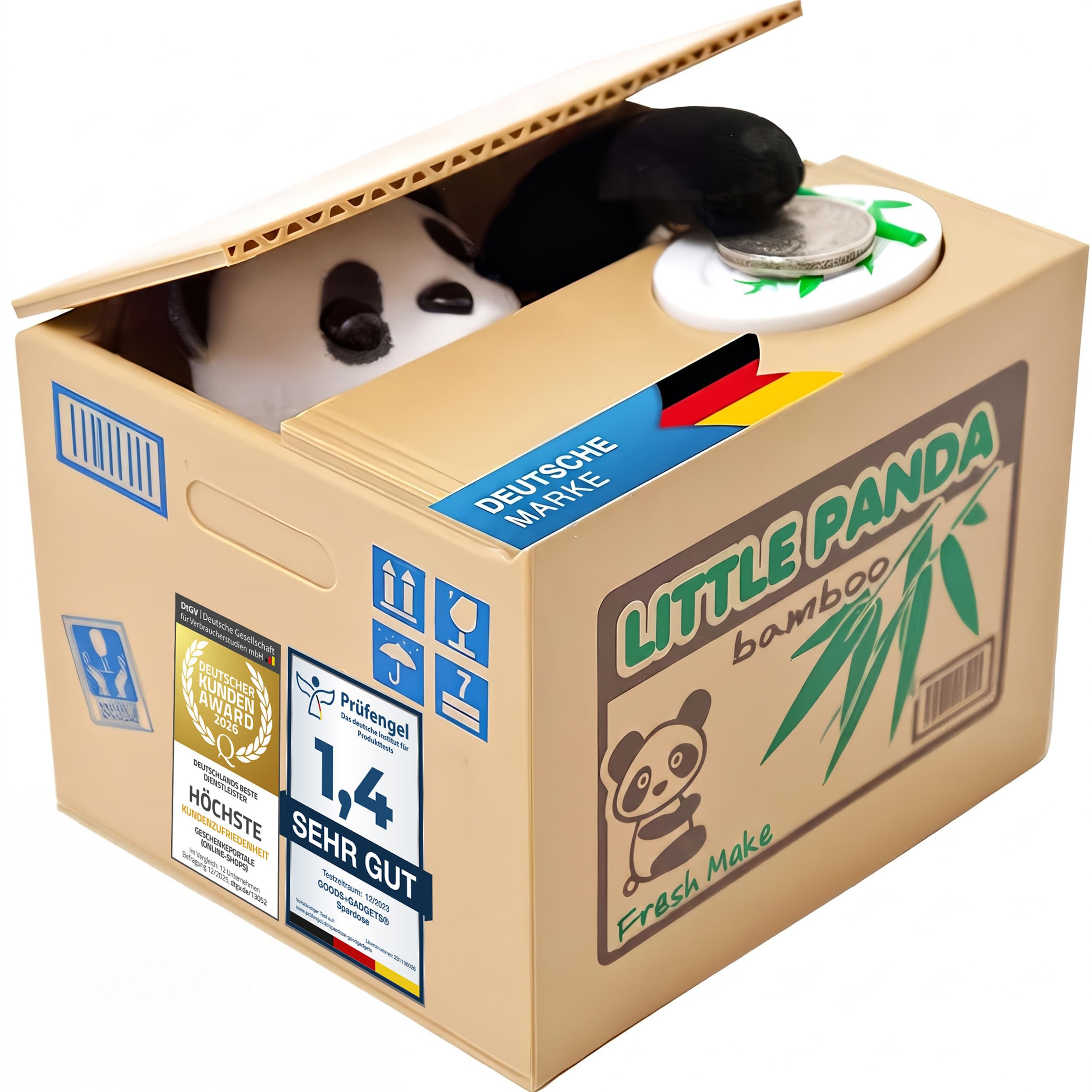 GOODS+GADGETS® Elektroniczna Skarbonka Panda - Interaktywna | Miś panda chwyta monetę na dźwięk i muzykę – nauka oszczędzania jako zabawa dla dzieci