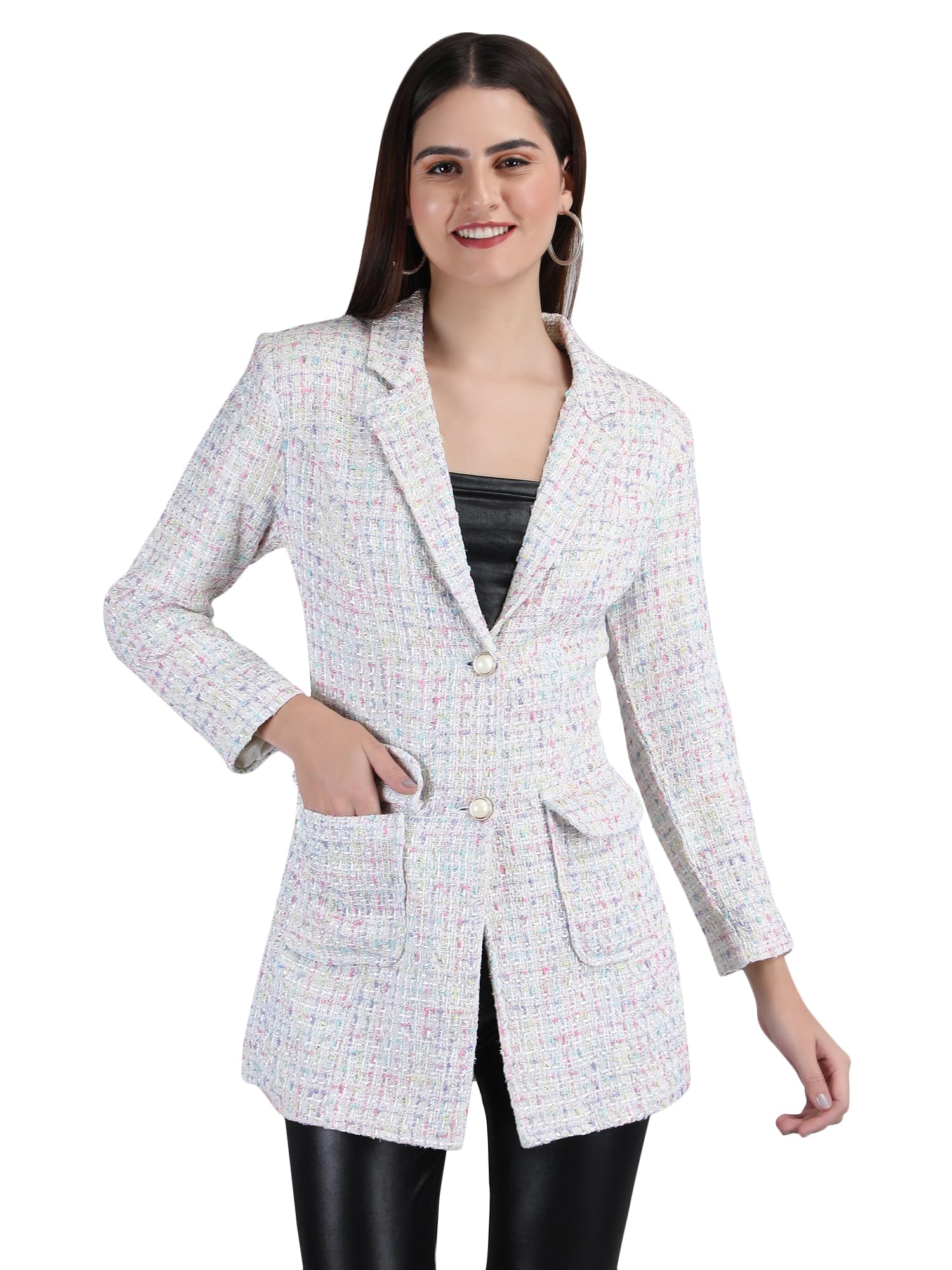 aol Women's Tweed Blazers Formal Long Buttoned Blazer Jacket/Coat with Satin Lining and Pockets-picture-31