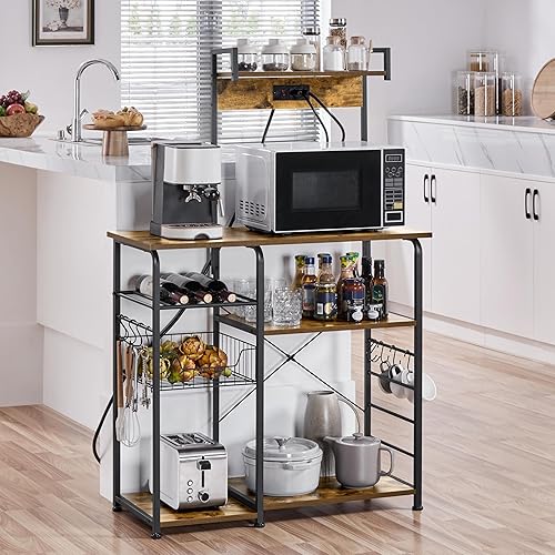 Miniatura 2 de Yaheetech Estante para hornear de cocina con toma de corriente soporte para microondas con cesta de alambre y estante para vino y 10 ganchos en S