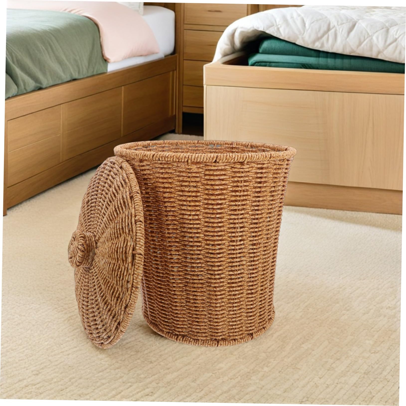Zerodeko Panier de Rangement Tissé Main avec Couvercle pour Linge et Jouets Panier Rond Rotin Synthétique pour Maison