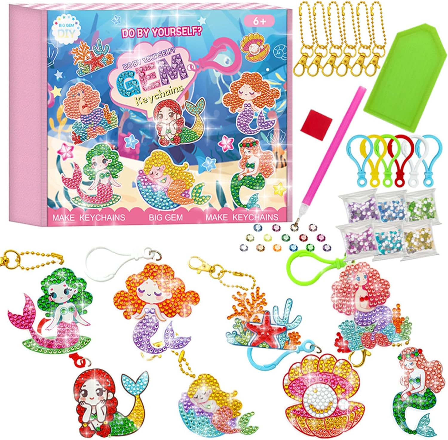 CAYUDEN Mermaid Diamond Art Painting with Keychains, 8pcs DIY Gem Arts and Crafts Painting Kits, 5D Gem Art Keyrings Sets Age, Shiny Kids Room Ornament & Birthday Gifts Ideas