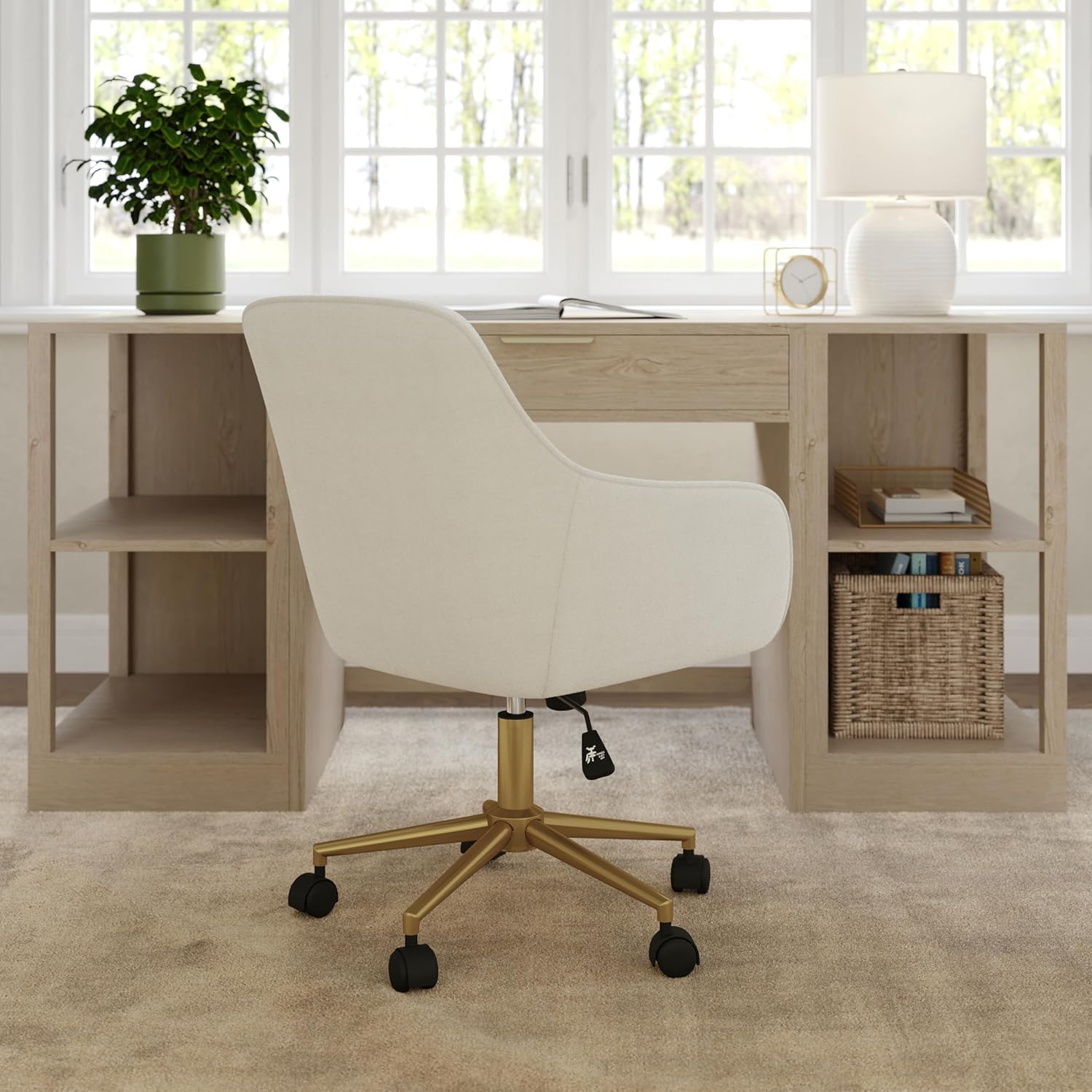 Martha Stewart Rayna Swivel Task Chair with Flared Arms for Home Office in Off White Fabric with Polished Brass Frame