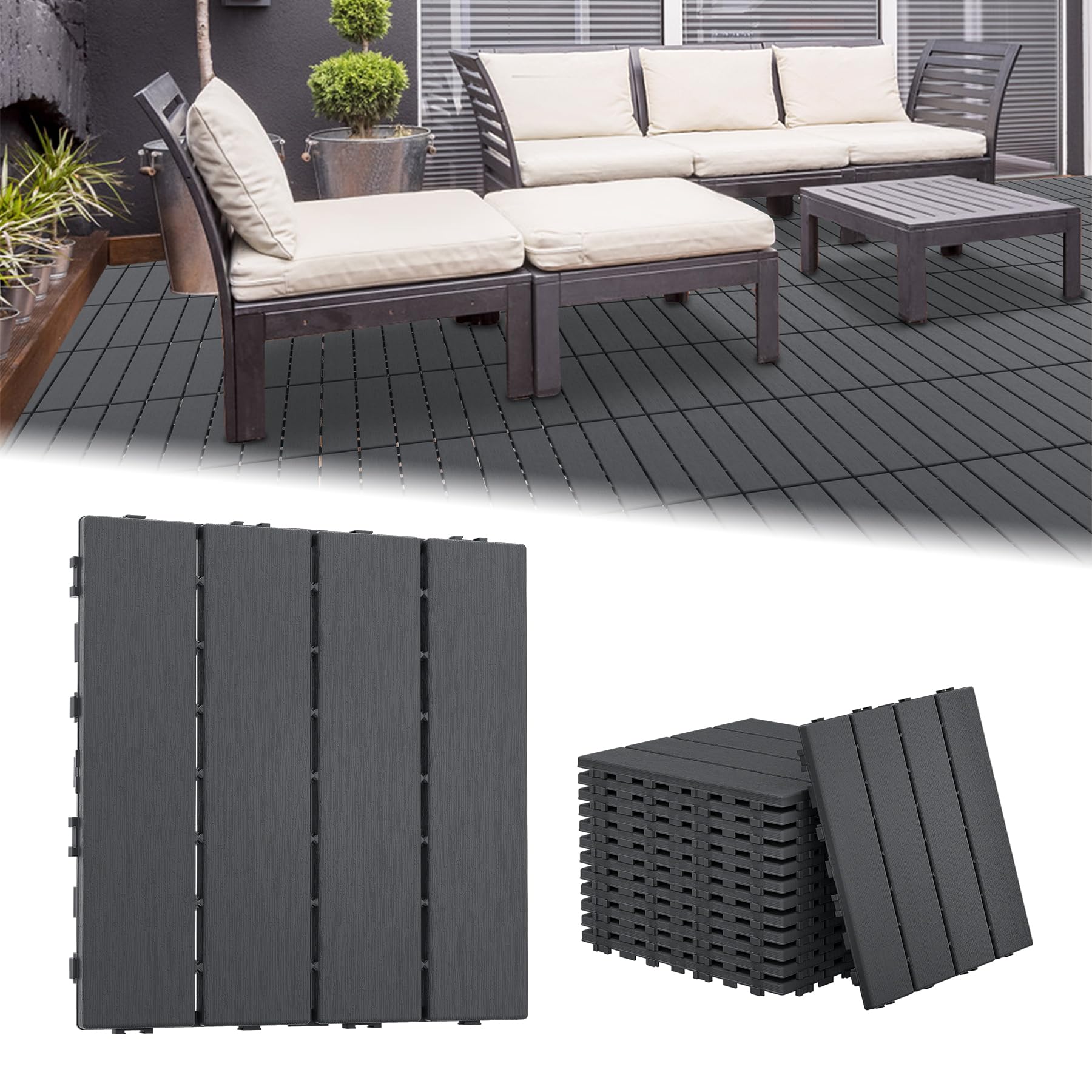 LZQ Lot de 33 dalles de balcon, aspect bois, revêtement de sol pour balcon, jardin, 33 pièces = 3 m², en plastique polyéthylène, surface antidérapante, plaques résistantes aux intempéries avec