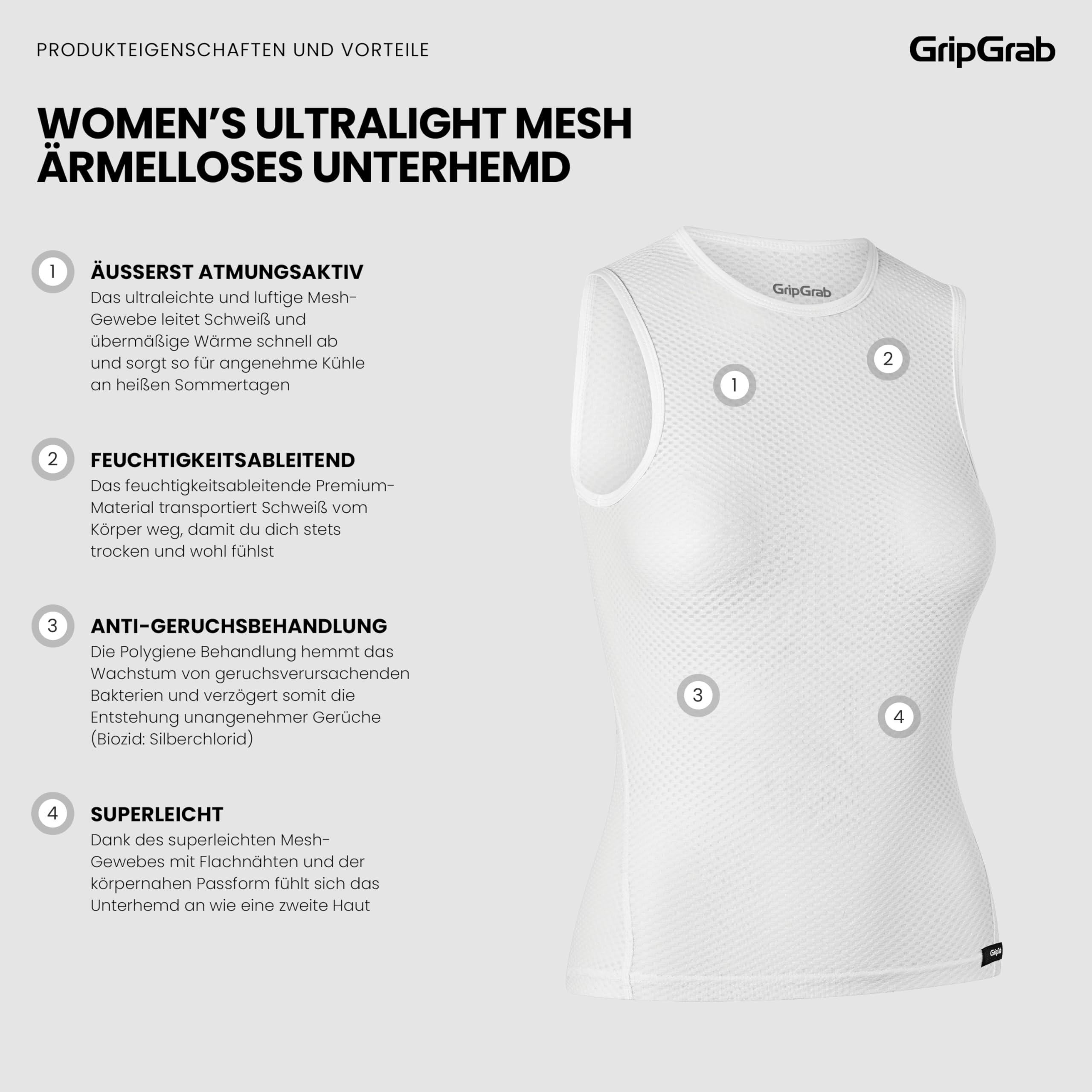 GripGrab Women's Ultralight Cool Mesh Sommer Fahrrad Unterhemd Damen | Ärmellos, Race Fit, Polygiene Anti-Geruch, atmungsaktiv - ideales Funktionsunterhemd für Rennrad, MTB & Indoor Cycling