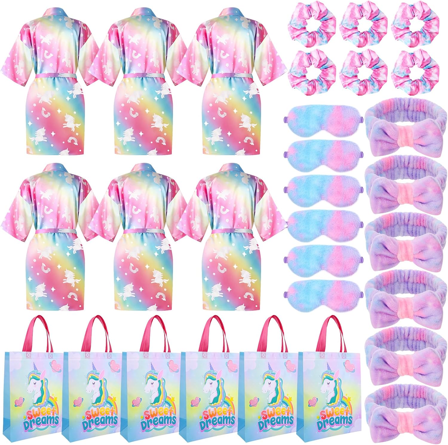 30 PCS Spa Party Favors for Girls 6 Sets Robes Sleepover Party Supplies Sleeping Eye Mask Spa Headband Wristband Tote Bags for Girl Kids Sleepover Birthday Spa Party