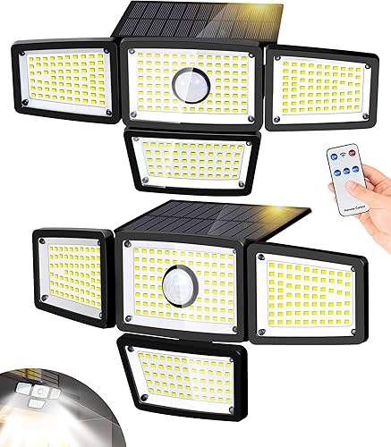 Lámpara solar con sensor de 4 cabezales, sensor de movimiento para exteriores, 3000 lm, 283 LED, 6500 K, sensor de movimiento, IP65 impermeable,