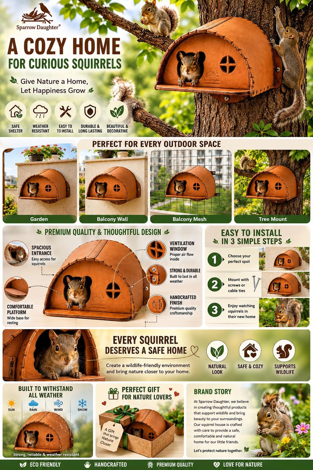 SparrowDaughter’s Leather Squirrel House for Outdoors, Garden, Backyard, Small Animals Habitat for Chinchilla, Suger Glidder,mice Squirrel with Poles, Squirrel Nest & Feeder,Natural Color 1