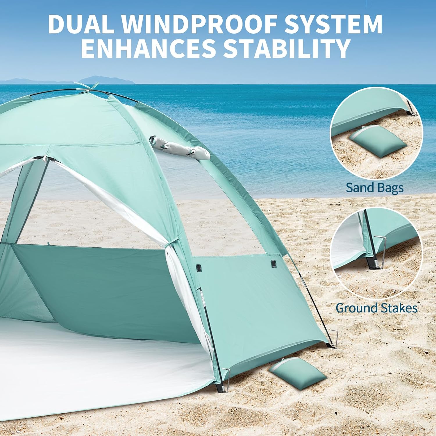 Beach Tent for 3-4 Person, Large Easy Setup Beach Shade Canopy with UPF 50＋ UV Protection, Portable Shade Tent with 3 Ventilating Mesh Windows for Outdoor, Picnics, Fishing