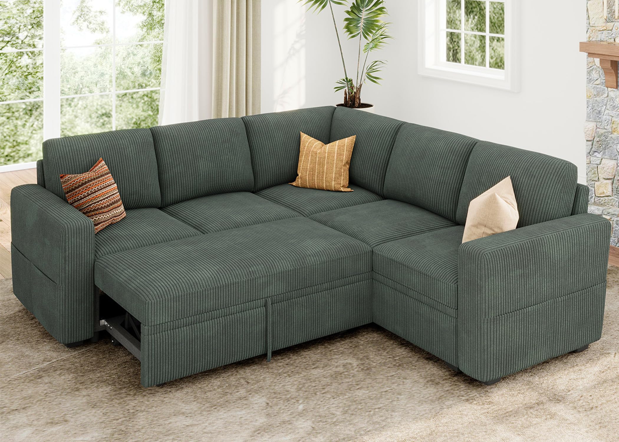 Modular Sectional Sleeper Sofa with Pull Out Bed, Corduroy L Shaped Couch with Storage, Sectional Couches for Living Room, Green