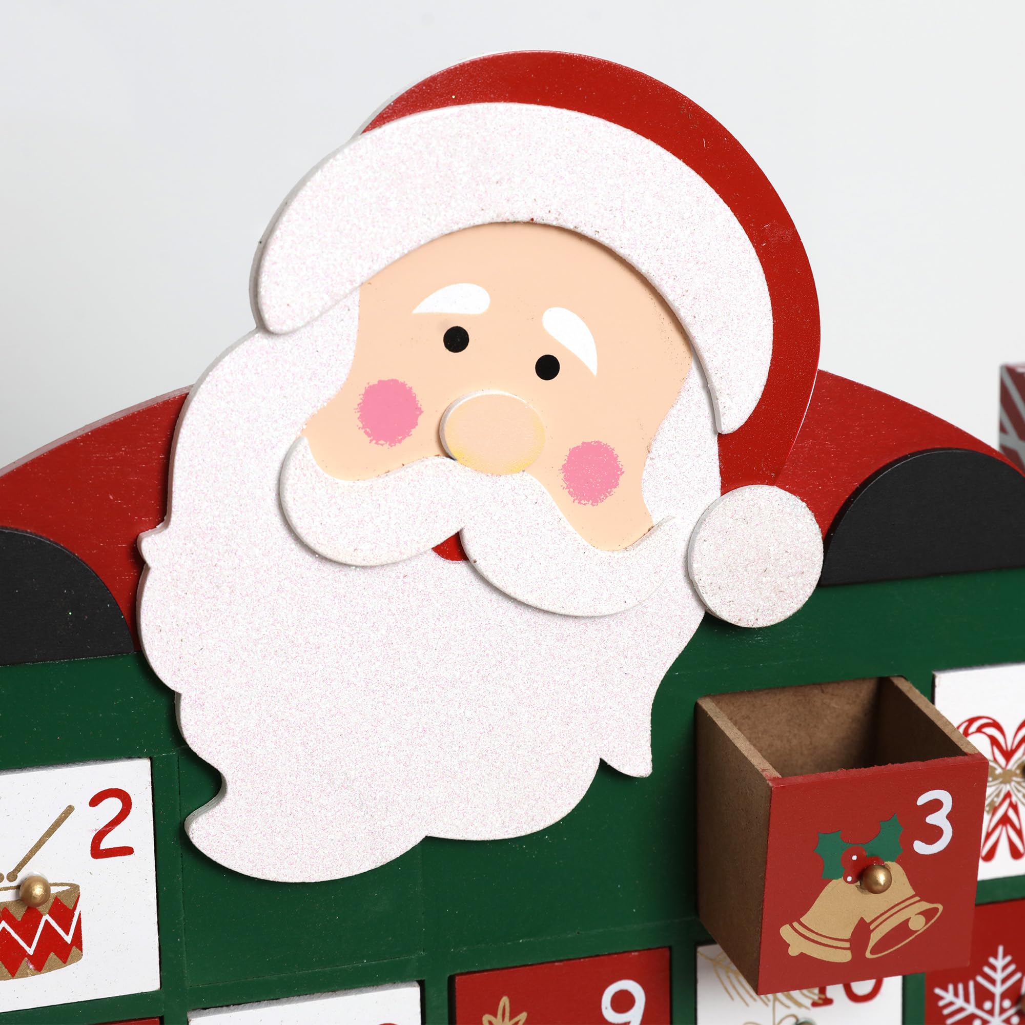 PE Weihnachten Adventskalender Holz zum Befüllen Groß mit 24 Schubladen - Handgefertigter Weihnachtskalender mit Santa - Weihnachtsdeko, 39,3 x 6,5 x 41,1 cm