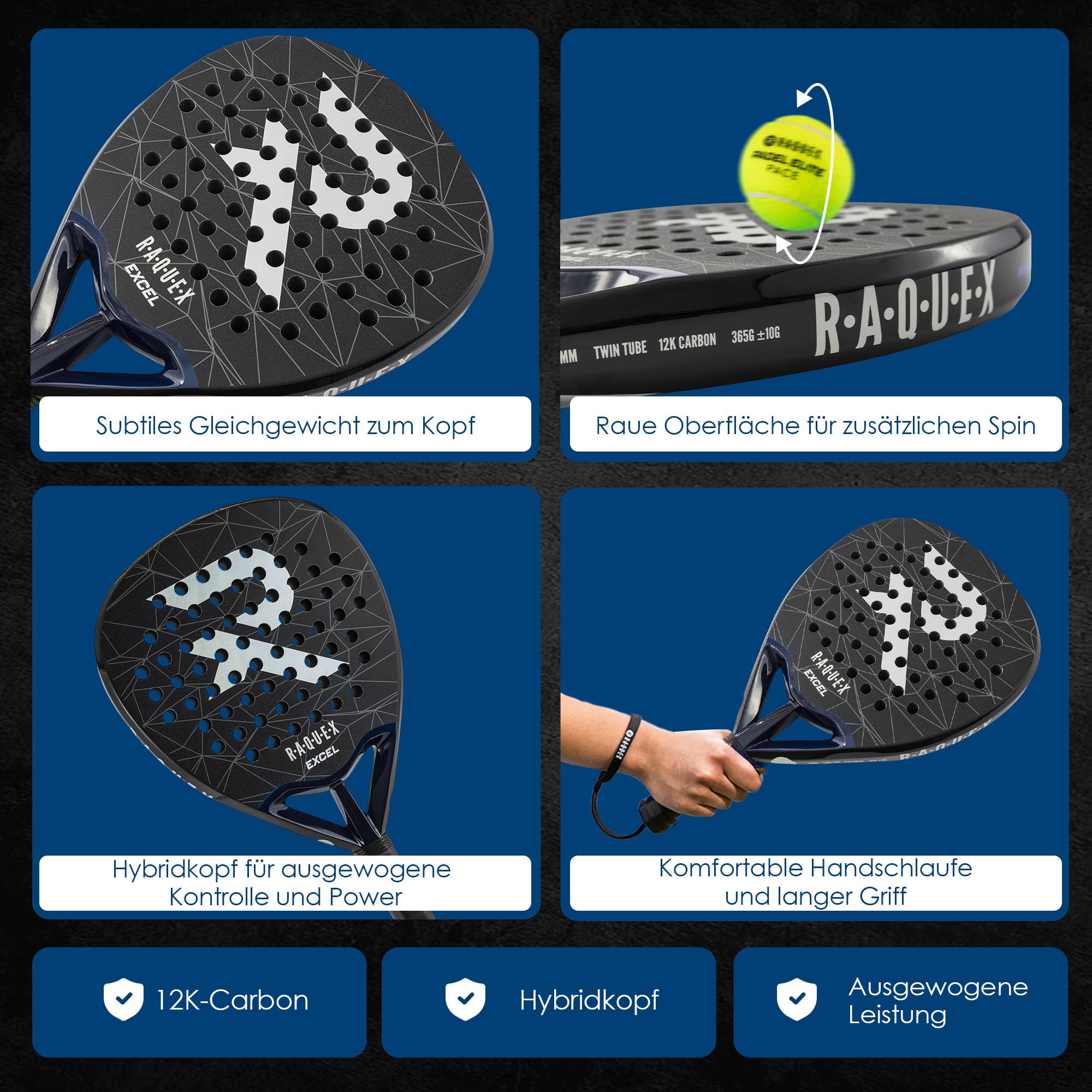 Raquex Excel Padelschläger – für fortgeschrittene Anfänger/Fortgeschrittene – 12K-Carbonrahmen, reaktiver ImpactCore Eva 15-Schaumstoff, Doppelrohr-System für Langlebigkeit – mit Handgelenkschlaufe