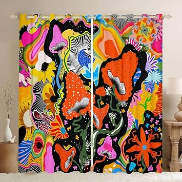 Eye Mushroom Blackout Curtains Mushrooms Print Curtains for Bedroom Living Room Children Kawaii Fungus Wild Mushroom Stuff Colorful Darkening Dreapes 2 Panels, 52 x 63 Inch Window Treatments