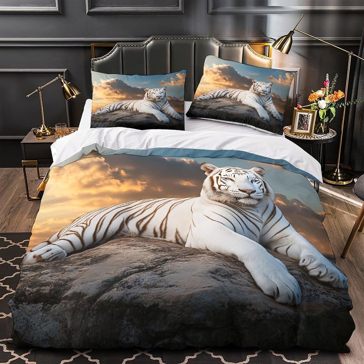 Funda Nordica Cama 135/150 Estampado de Tigre Ropa de Cama 3D Animales Salvajes 3 Piezas Suave Transpirable Microfibra Funda Nórdica 240x220 cm y 2 Fundas de Almohada 50x75 cm D.234