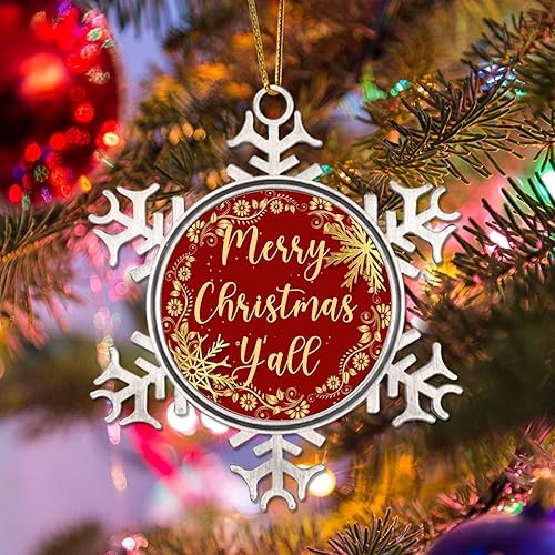 CowkissSign Happy New Year Christmas Ornaments for Tree Merry Christmas Y'all Metal Snowflake Christmas Tree Hanging Ornament Gold Snowflake Ball