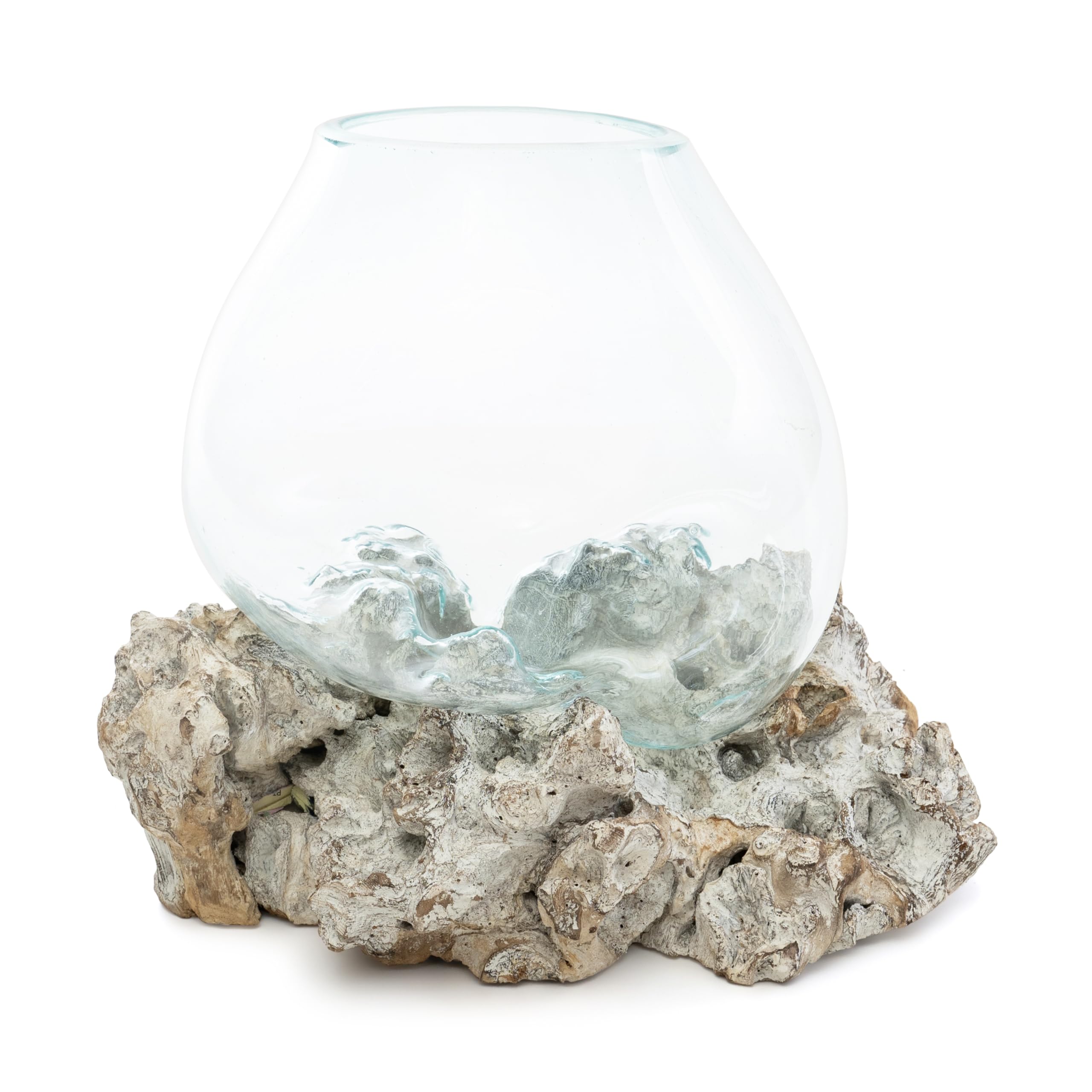 Glass Aquarium on White Driftwood - Elegant Handcrafted Tabletop Decor with Unique Melted Glass Design | Perfect for Home & Office (Large)