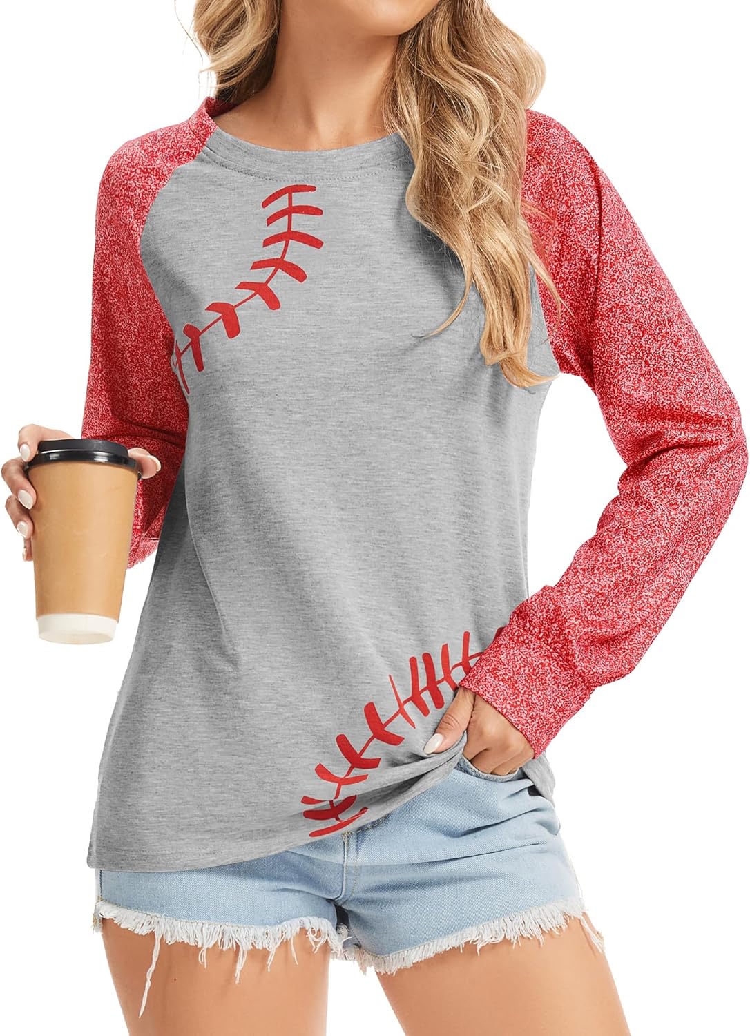 Womens Baseball Shirt Long Sleeve Raglan Sleeve Crewneck Sports Loose Baseball Printed Patchwork Top