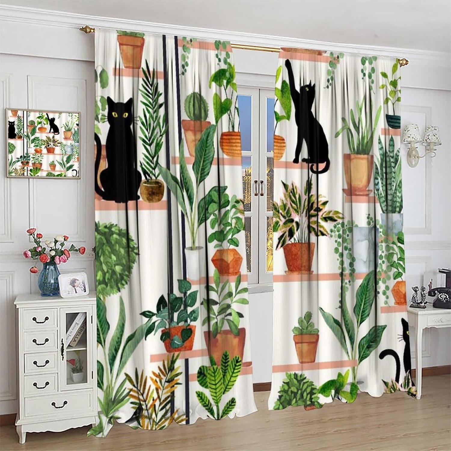 Green Plant Funny Cat Curtains, Potted Plants Cats Botanical Floral Window Treatments for Bedroom Tropical Cactus Leaf Farmhouse Drapes for Living Room Kitchen W42xL45 in Decor