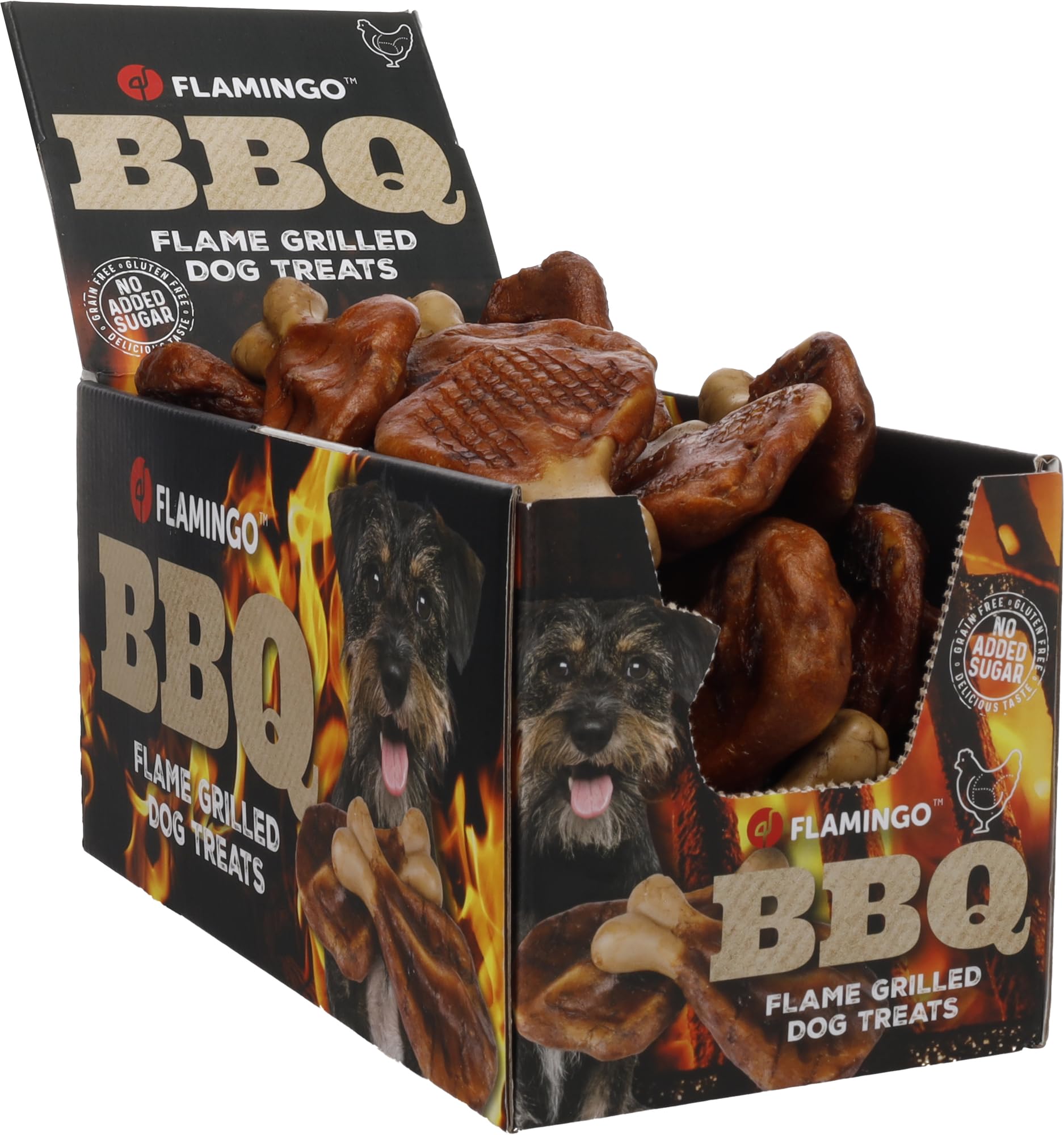 Snacks para Perros - Flamingo BBQ Costilla con Pollo M - 11 x 7 x 1 cm - 1,9 kg Display - Rica en proteínas - sin Gluten - sin Cereales - sin azúcares añadidos