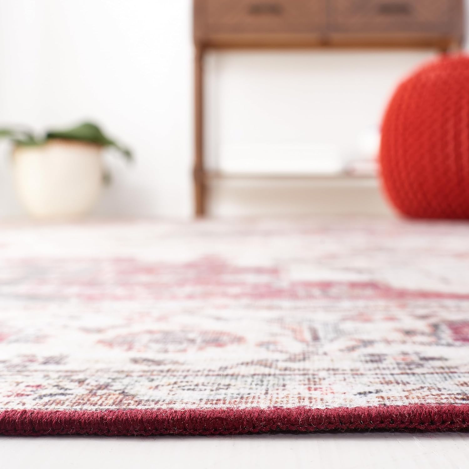 SAFAVIEH Washable Rug Tucson Collection - 6' Square, Beige Green & Rust, Slip Resistant & Easy to Clean, Ideal for Living Room, Bedroom, Dining Space (TSN105C)
