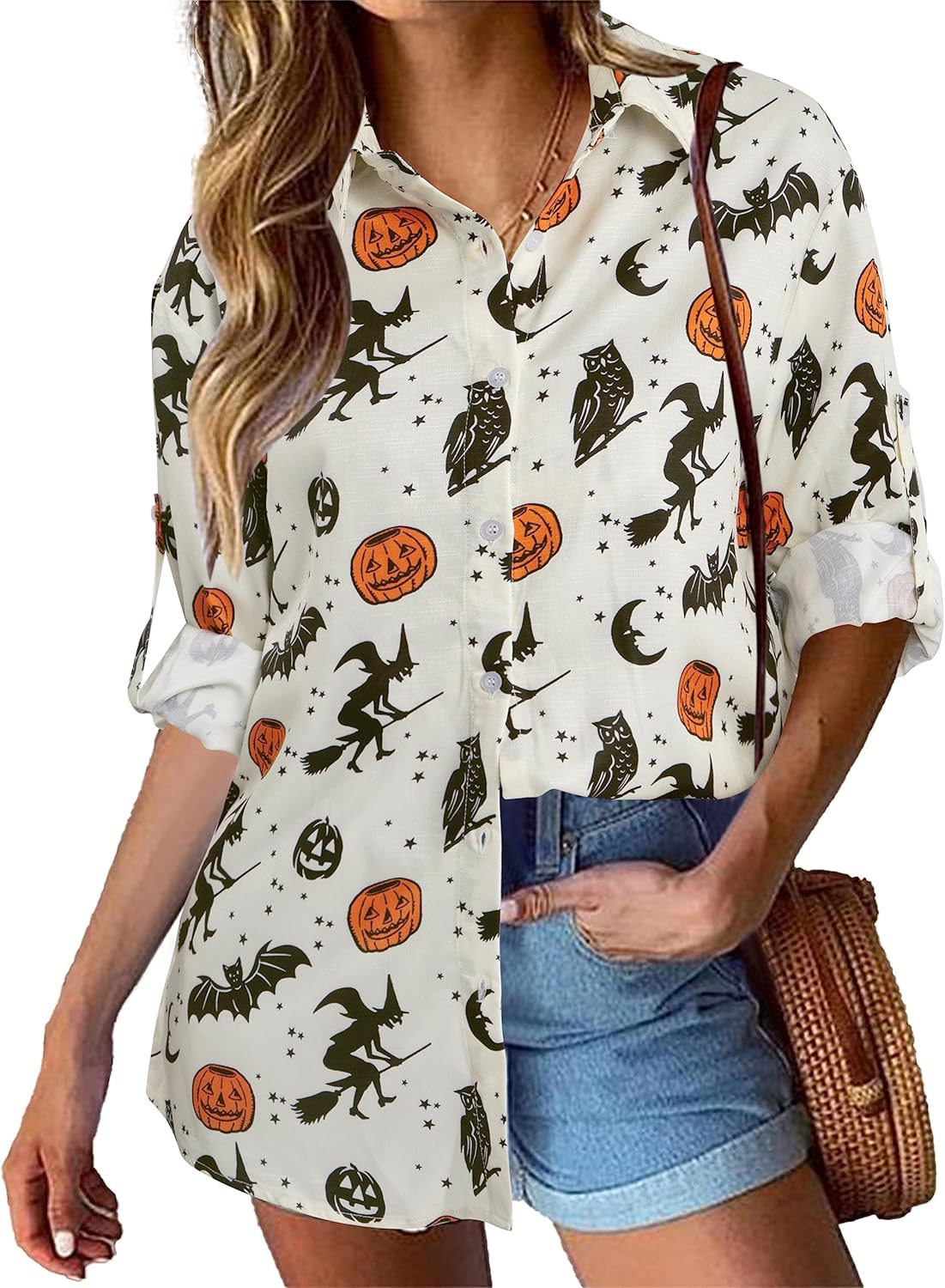 Halloween Shirt Women Hocus Pocus Shirt Halloween Witch Tee Pumpkin Graphic Shirt Long Sleeve Button Down Blouse - Image 2