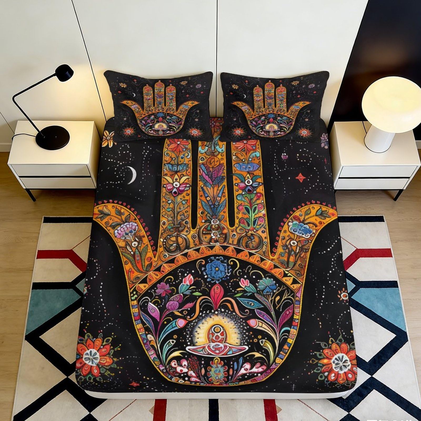 Decorative Hamsa Fitted Sheet 3D Printed, Microfiber soft touch, wrinkle resistant, apartment bedding, bed cover for bedroom decor, dustproof, easy care 200x200x25cm